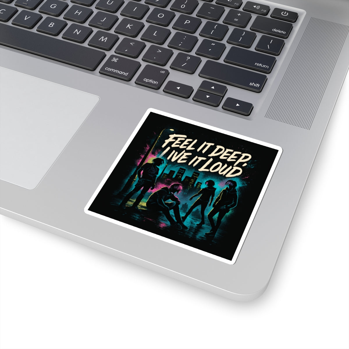 Feel It Deep, Live It Loud Sticker — Retro Neon Band Kiss-Cut Sticker