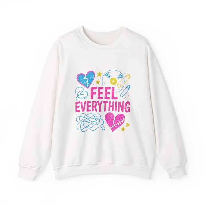 Crewneck Sweatshirt — "Feel Everything" Colorful Heart & Vinyl Graphic