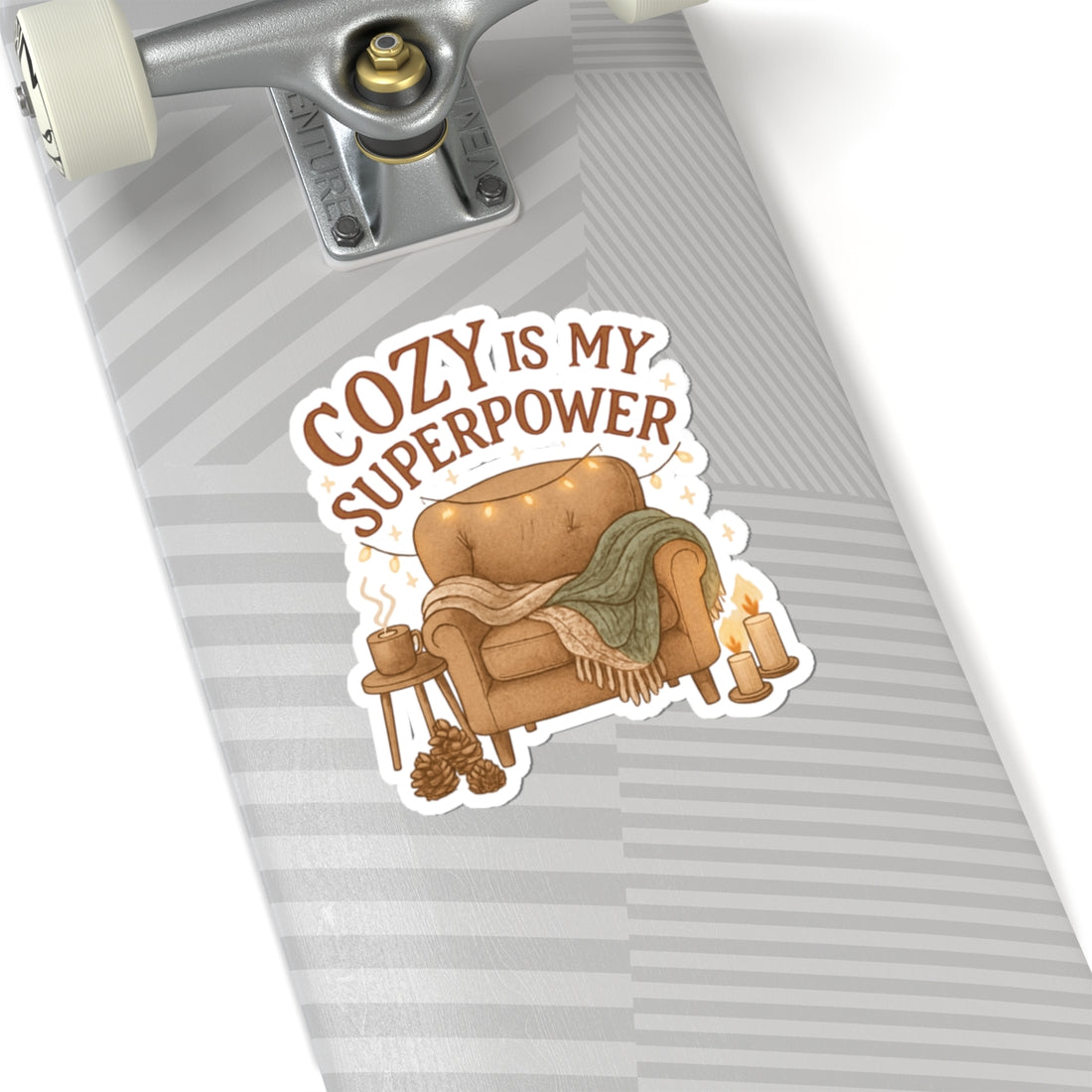 Cozy Is My Superpower Sticker — Hygge Armchair, Candles & Blanket Kiss-Cut Decal