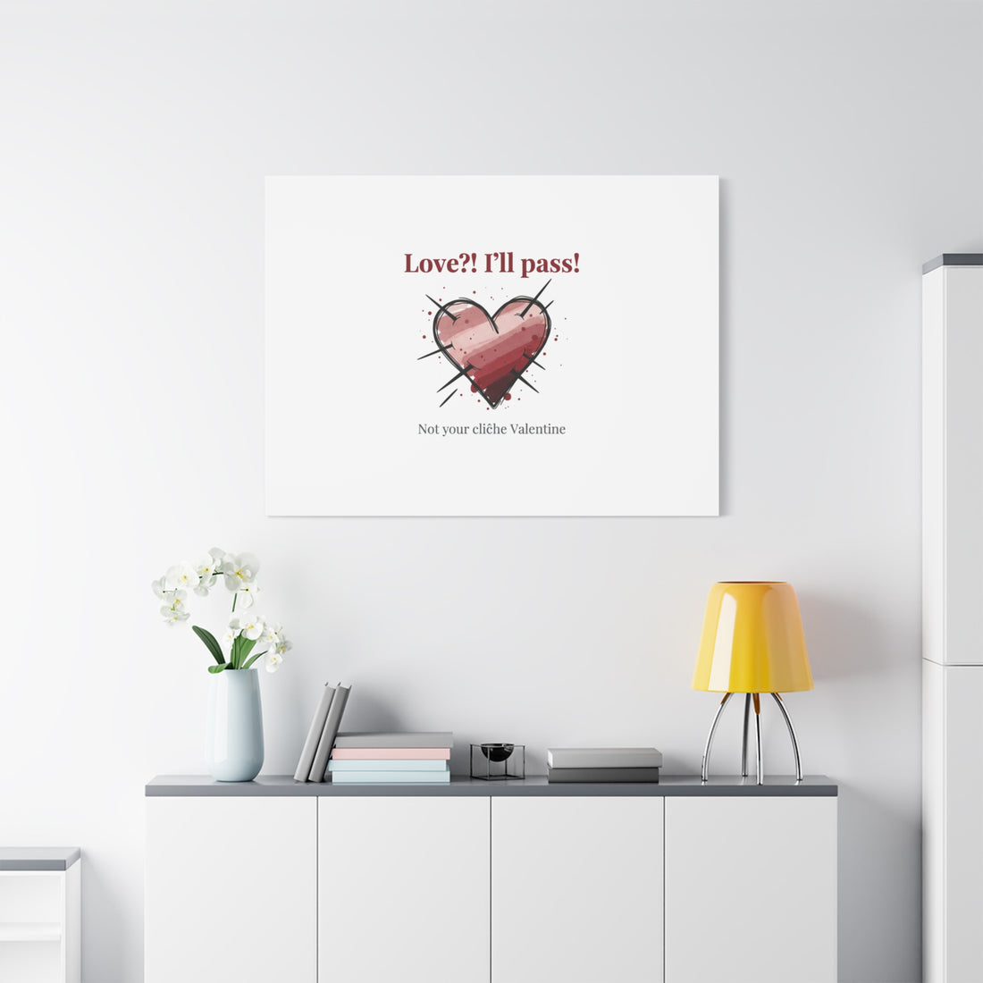 Love?! I'll Pass Canvas, Hearts‑with‑a‑Twist anti‑Valentine wall art