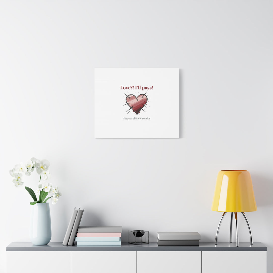 Love?! I'll Pass Canvas, Hearts‑with‑a‑Twist anti‑Valentine wall art