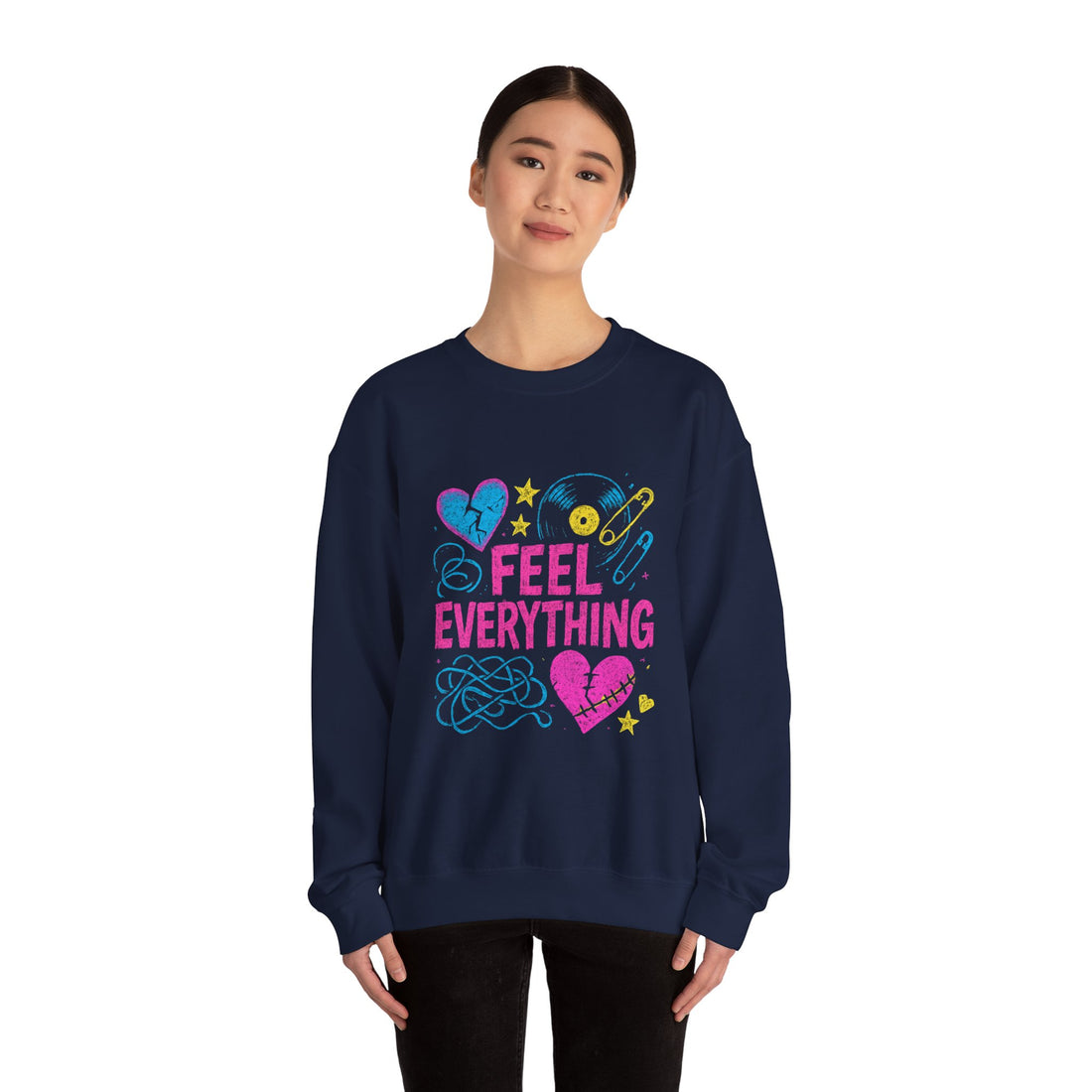 Crewneck Sweatshirt — "Feel Everything" Colorful Heart & Vinyl Graphic