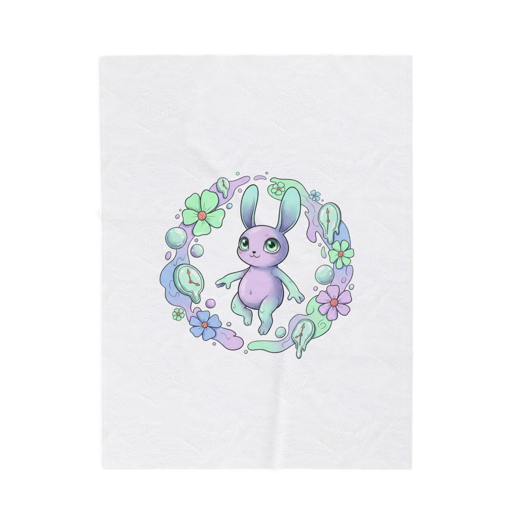 Weirdcore Micro‑Surreal Bunny Wreath Velveteen Plush Blanket | pastel surreal art