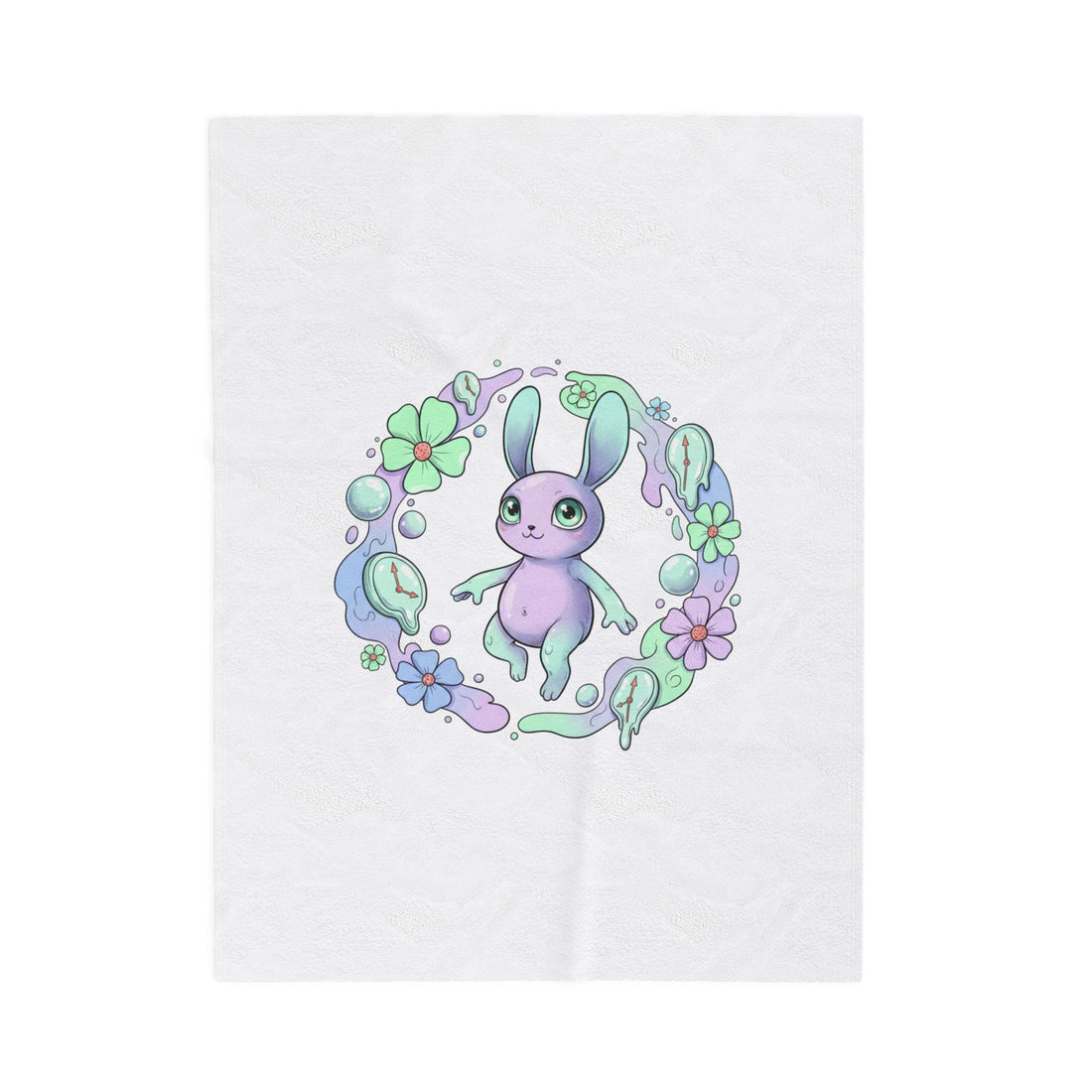 Weirdcore Micro‑Surreal Bunny Wreath Velveteen Plush Blanket | pastel surreal art