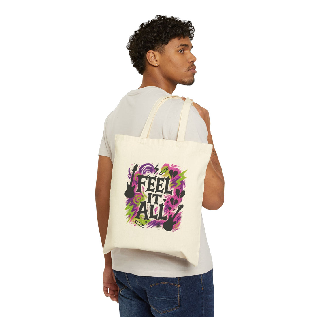 Feel It All Canvas Tote — Vibrant Music & Heart Graphic Cotton Bag