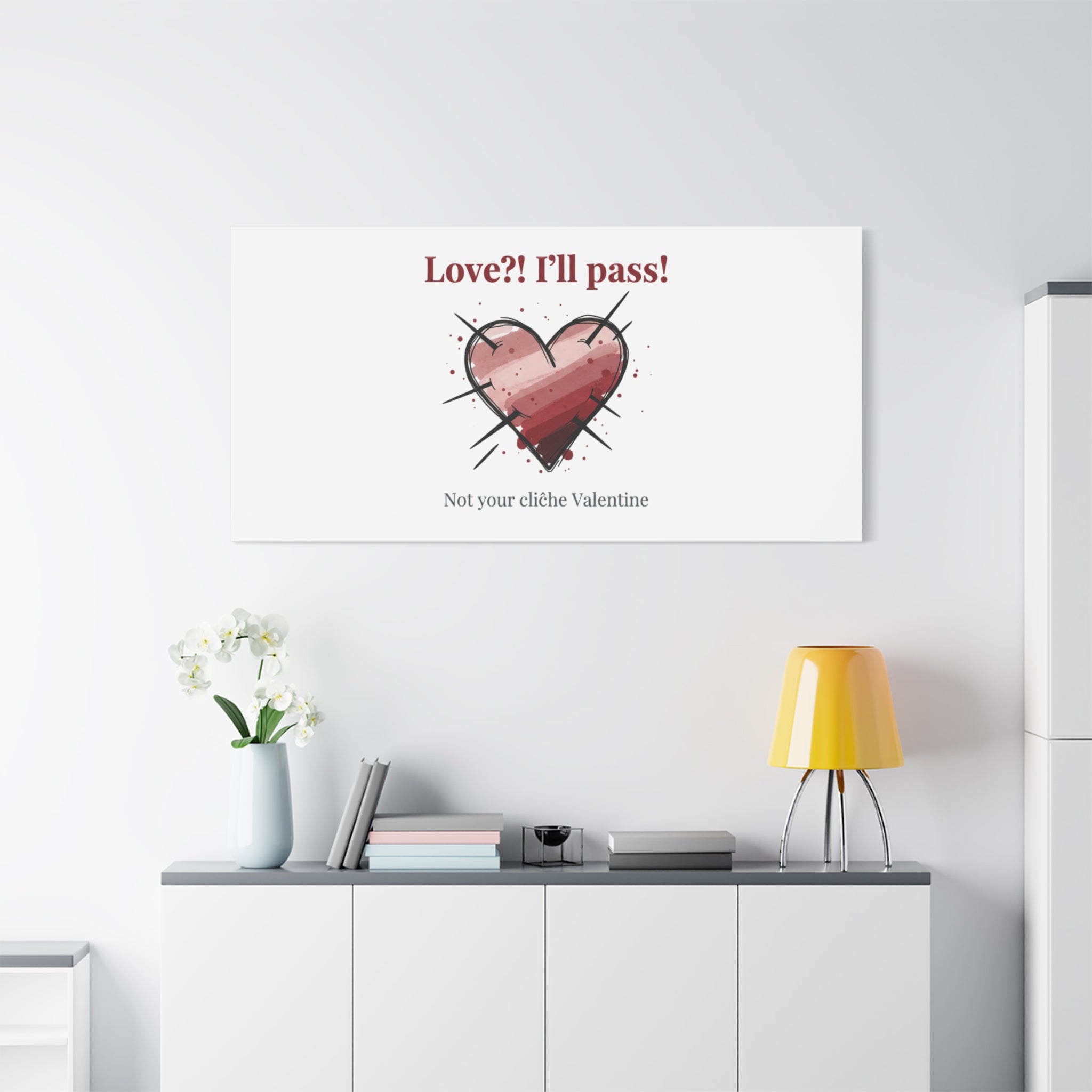 Love?! I'll Pass Canvas, Hearts‑with‑a‑Twist anti‑Valentine wall art