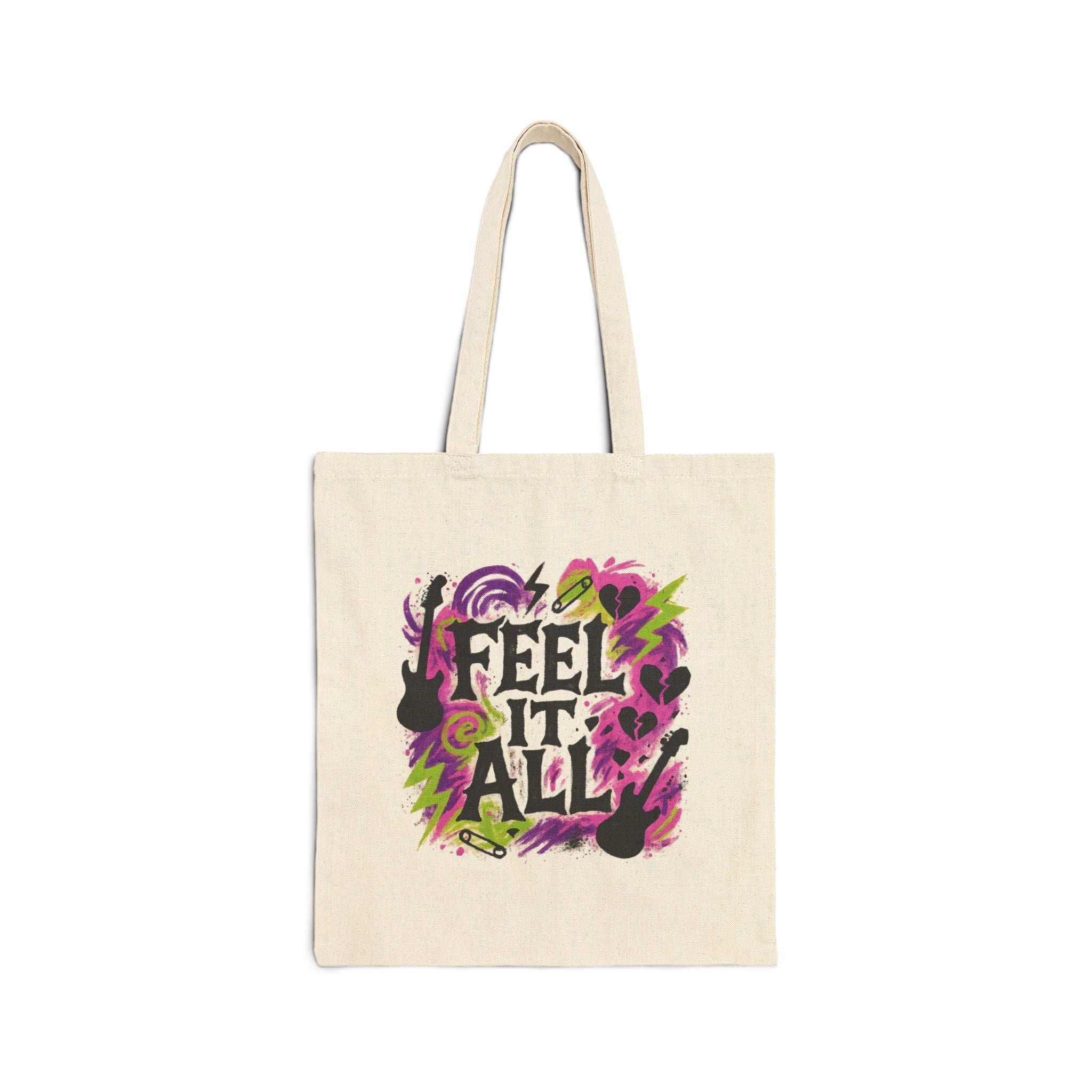 Feel It All Canvas Tote — Vibrant Music & Heart Graphic Cotton Bag