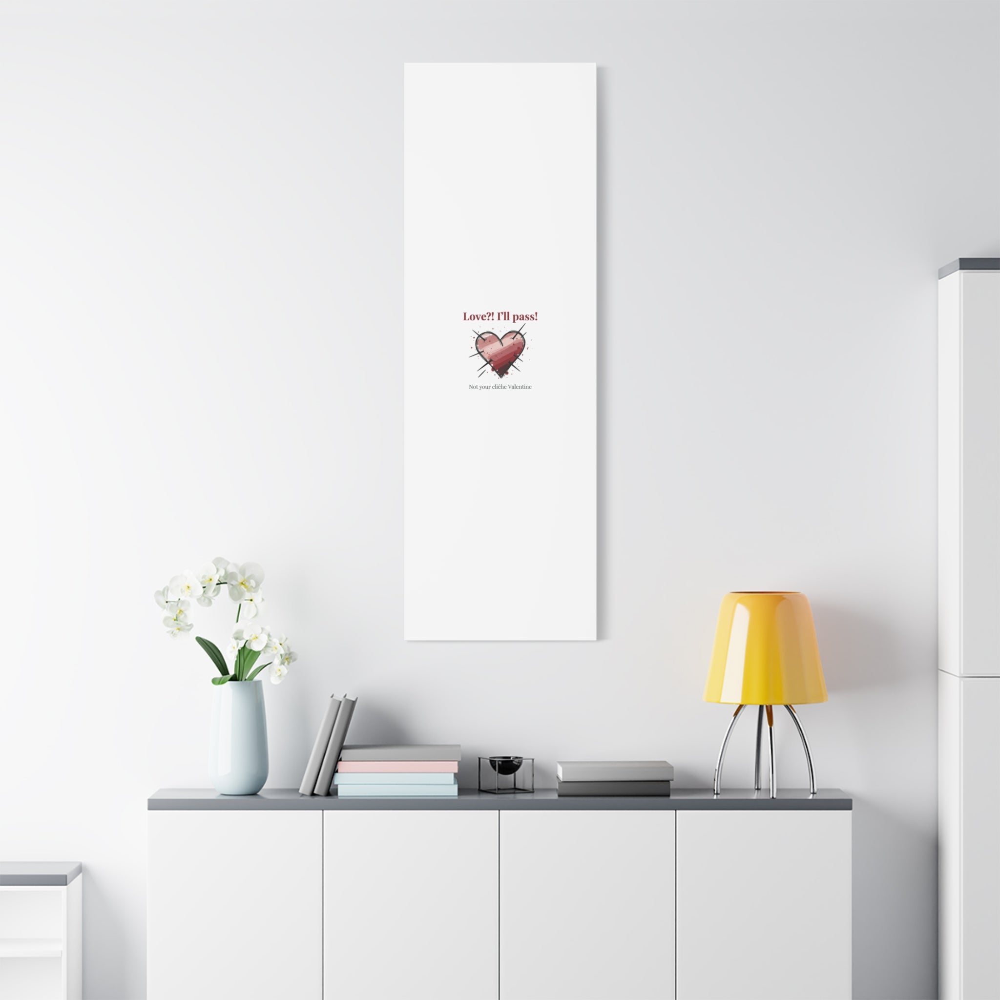 Love?! I'll Pass Canvas, Hearts‑with‑a‑Twist anti‑Valentine wall art