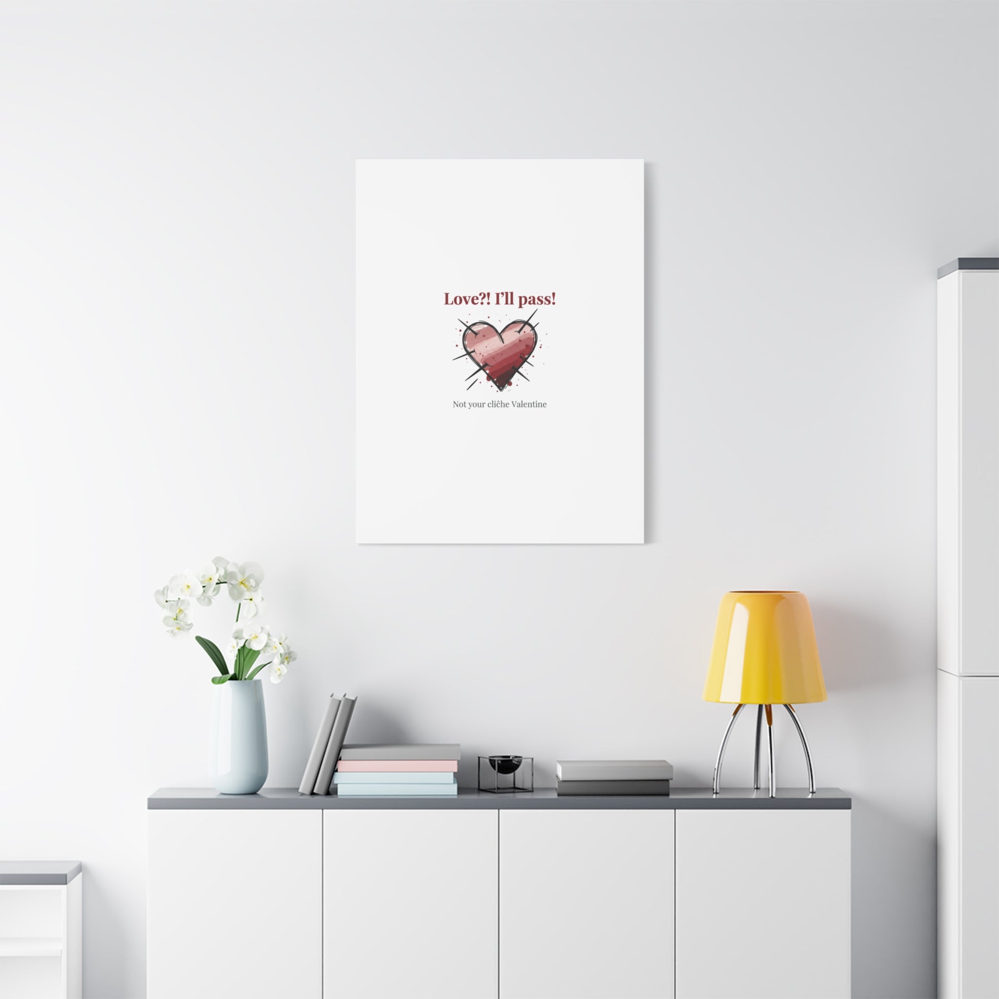 Love?! I'll Pass Canvas, Hearts‑with‑a‑Twist anti‑Valentine wall art