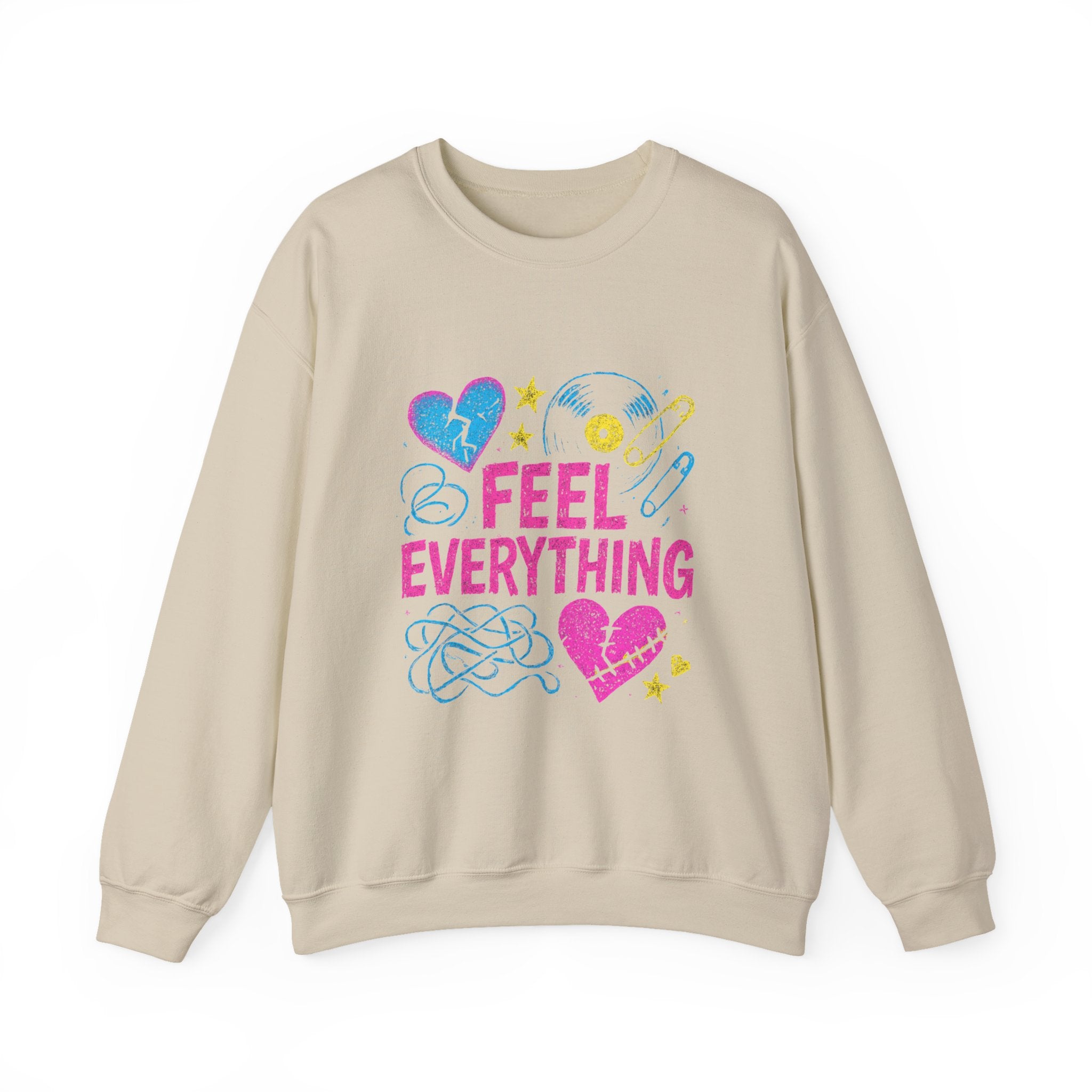 Crewneck Sweatshirt — "Feel Everything" Colorful Heart & Vinyl Graphic