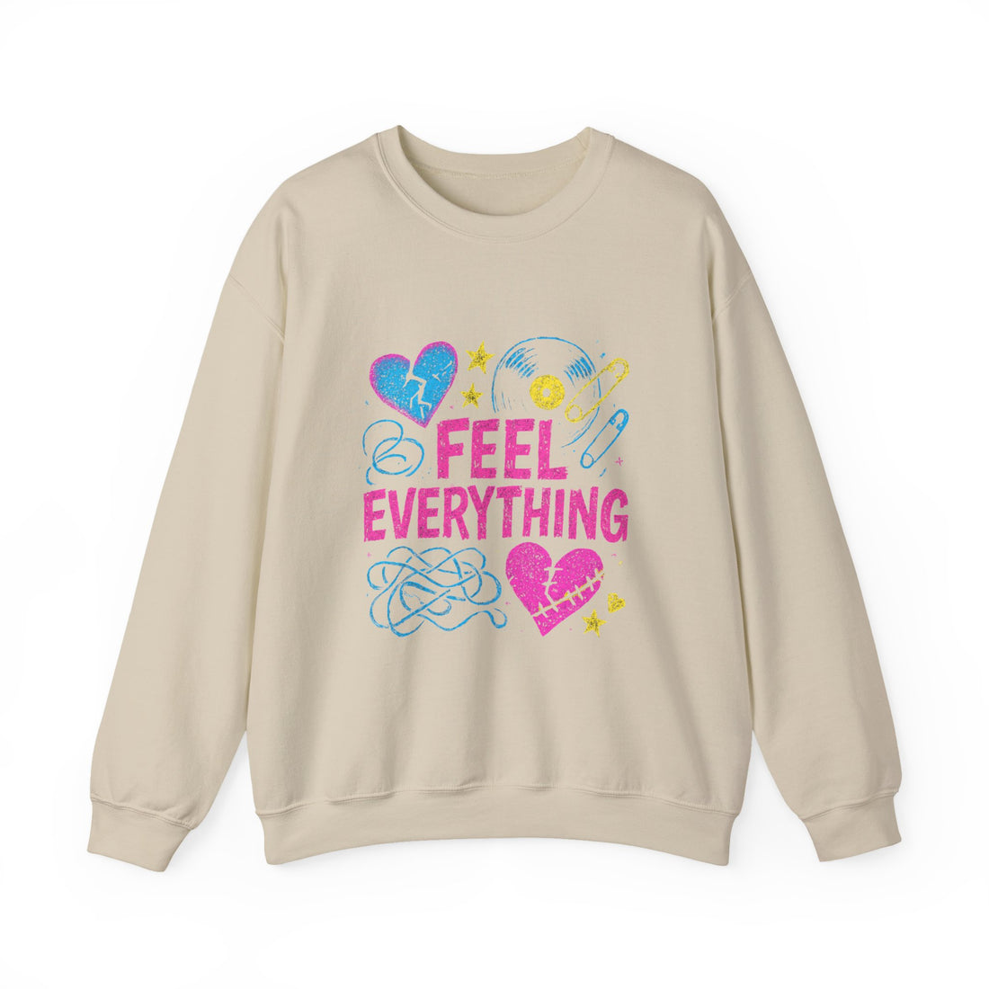 Crewneck Sweatshirt — "Feel Everything" Colorful Heart & Vinyl Graphic