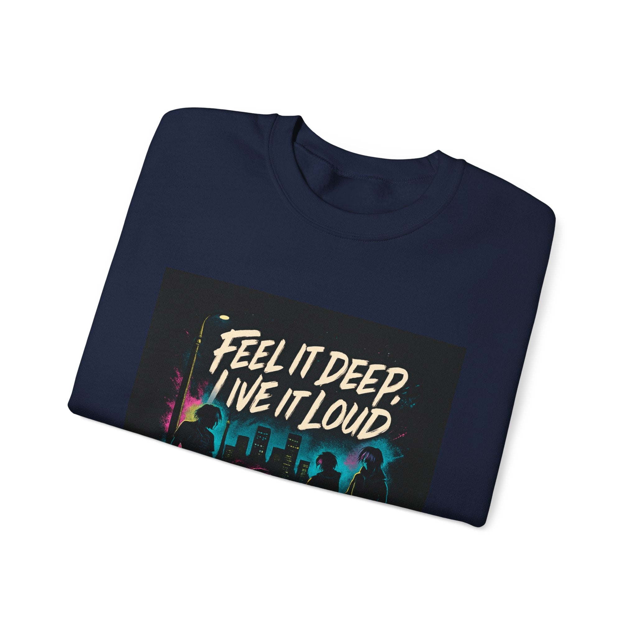 Crewneck Sweatshirt — "Feel It Deep, Live It Loud" Neon Concert Graphic