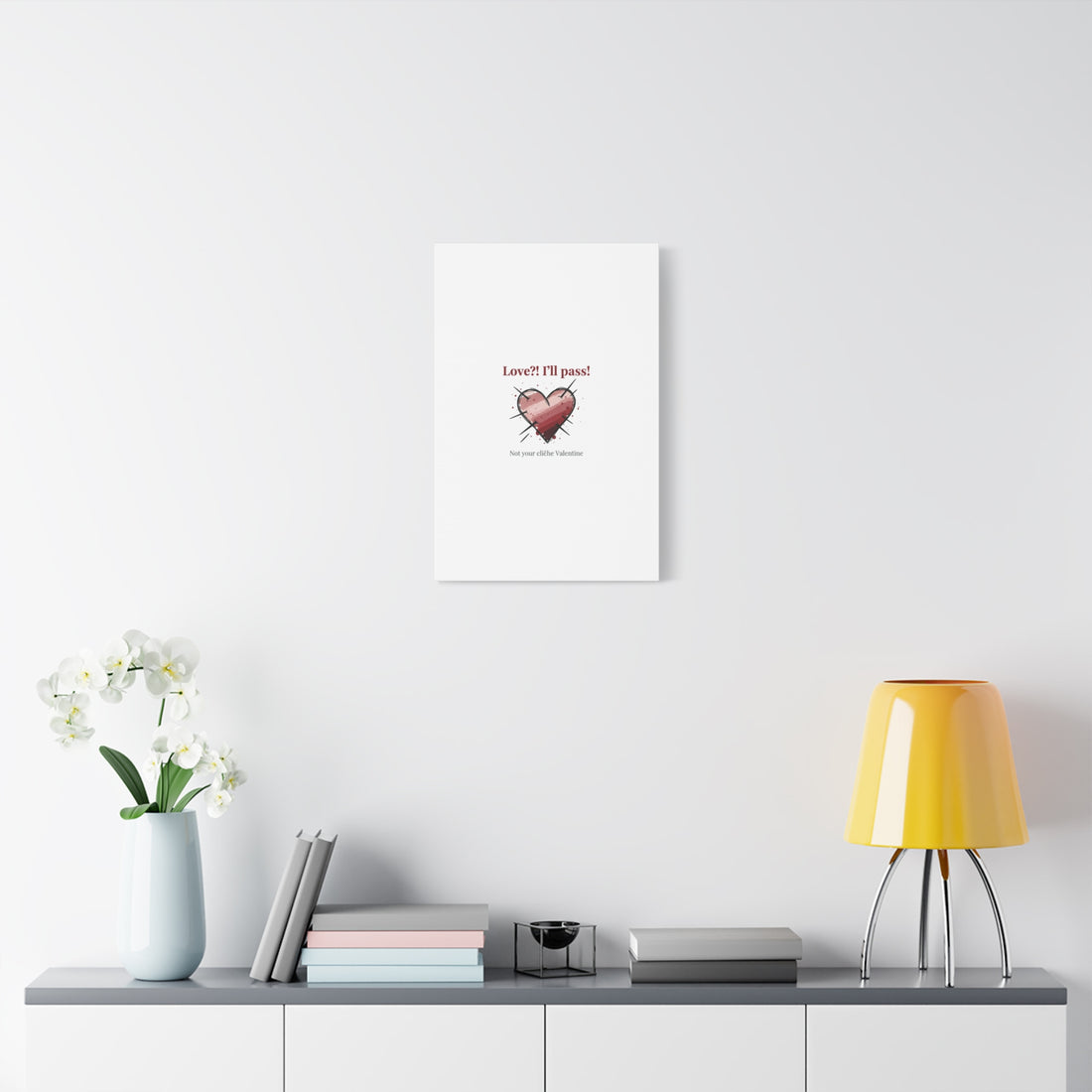 Love?! I'll Pass Canvas, Hearts‑with‑a‑Twist anti‑Valentine wall art