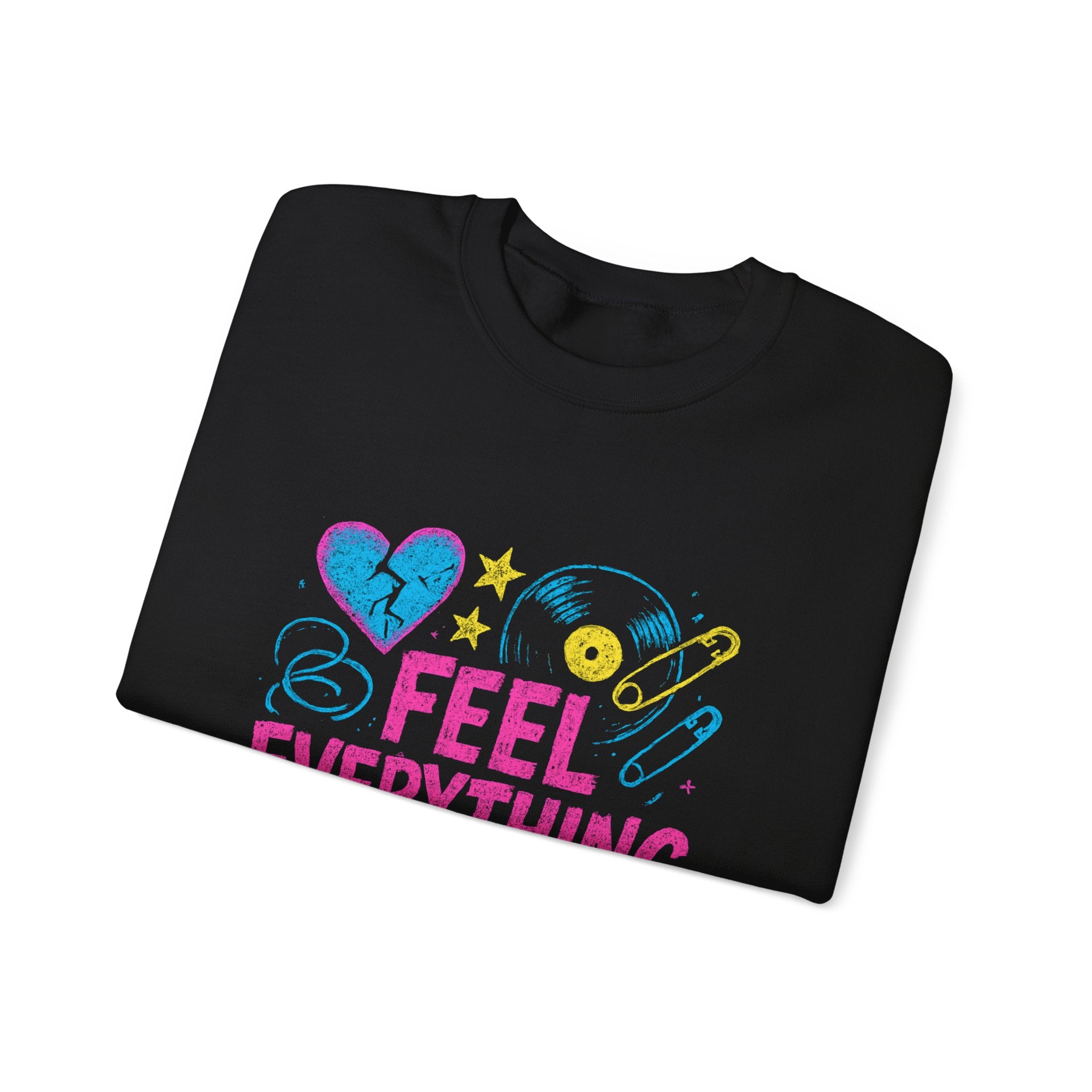 Crewneck Sweatshirt — "Feel Everything" Colorful Heart & Vinyl Graphic