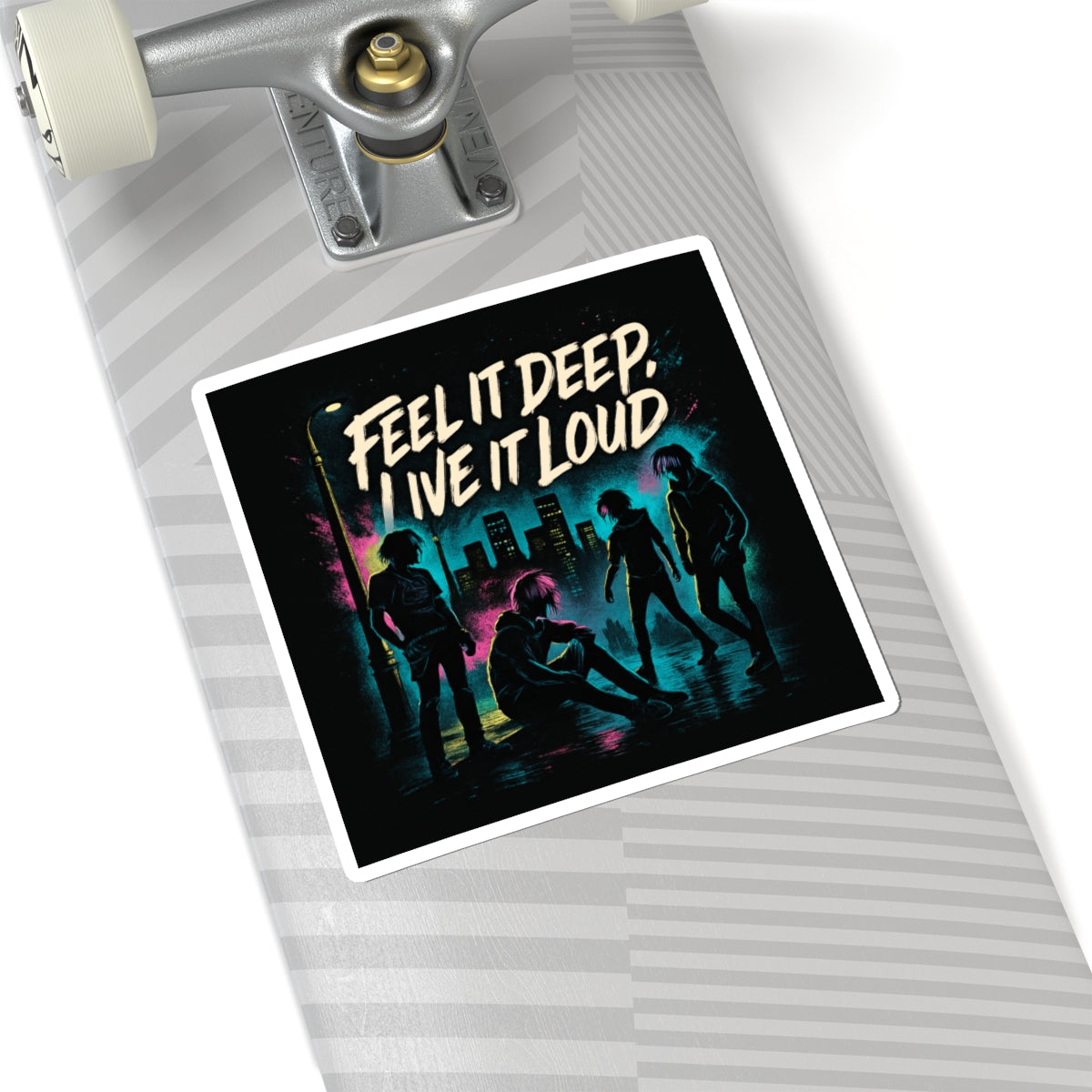 Feel It Deep, Live It Loud Sticker — Retro Neon Band Kiss-Cut Sticker