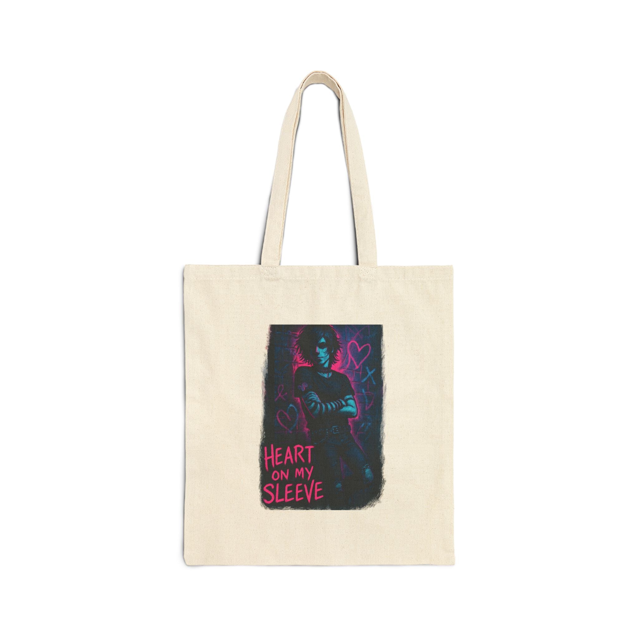 Heart On My Sleeve Canvas Tote Bag – Neon Goth Illustration | Gothic Aesthetic Reusable Shopper