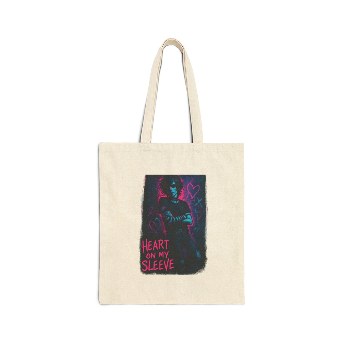 Heart On My Sleeve Canvas Tote Bag – Neon Goth Illustration | Gothic Aesthetic Reusable Shopper