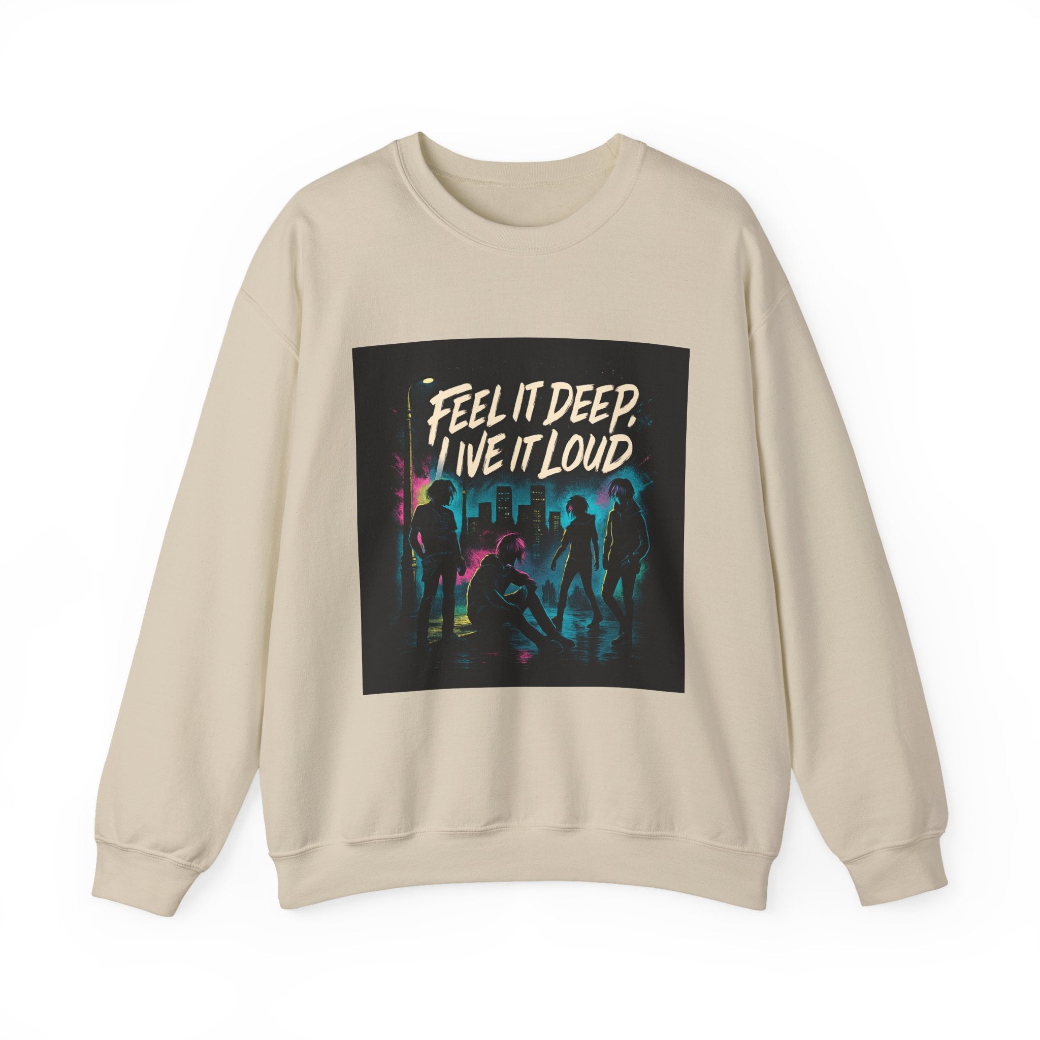 Crewneck Sweatshirt — "Feel It Deep, Live It Loud" Neon Concert Graphic