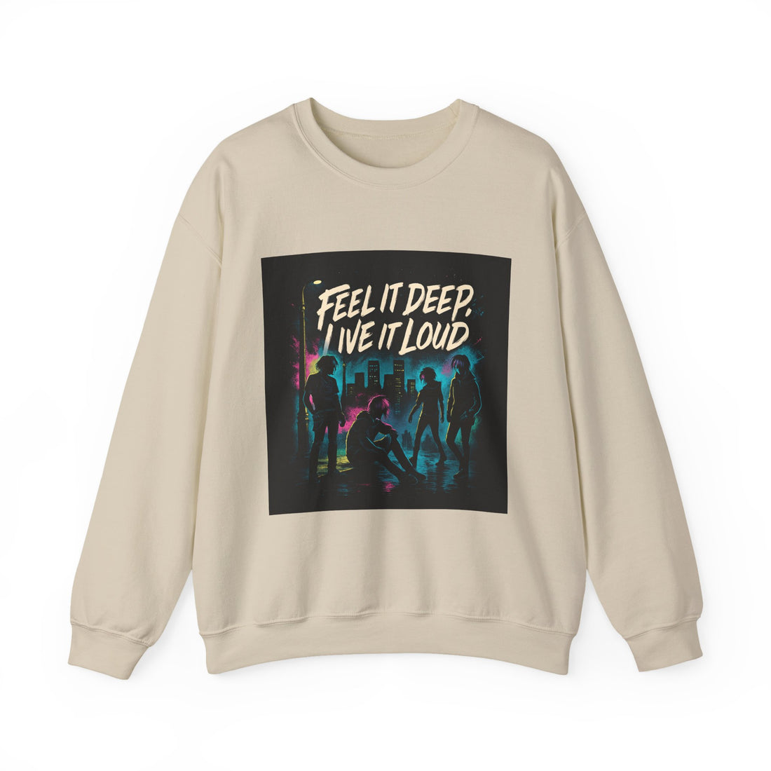 Crewneck Sweatshirt — "Feel It Deep, Live It Loud" Neon Concert Graphic