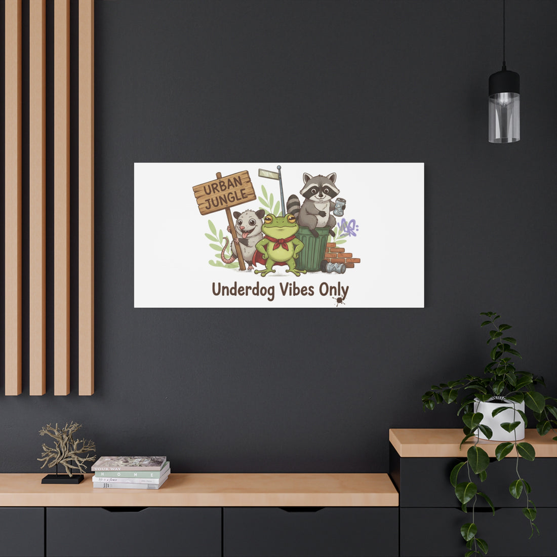 Underdog Vibes Only Canvas | Trash Panda Raccoon Frog Possum Art, goofy critter meme