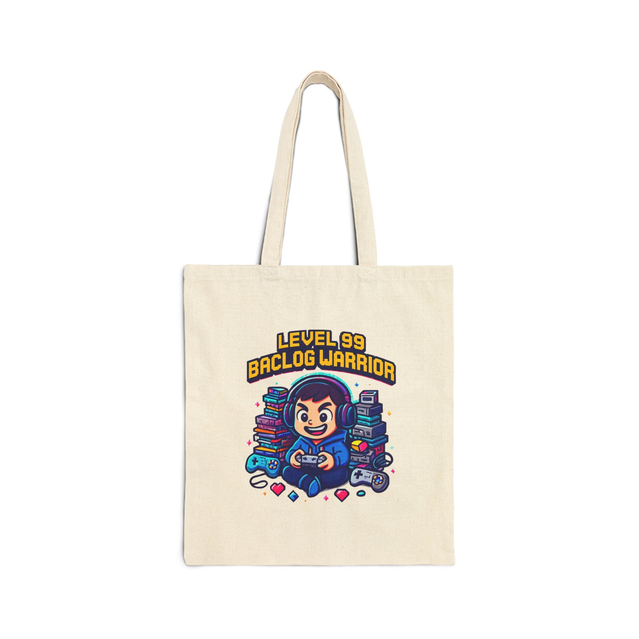 Tote Bag — “Level 99 Baclog Warrior” Gamer Canvas Tote (Cute Retro Arcade Design)