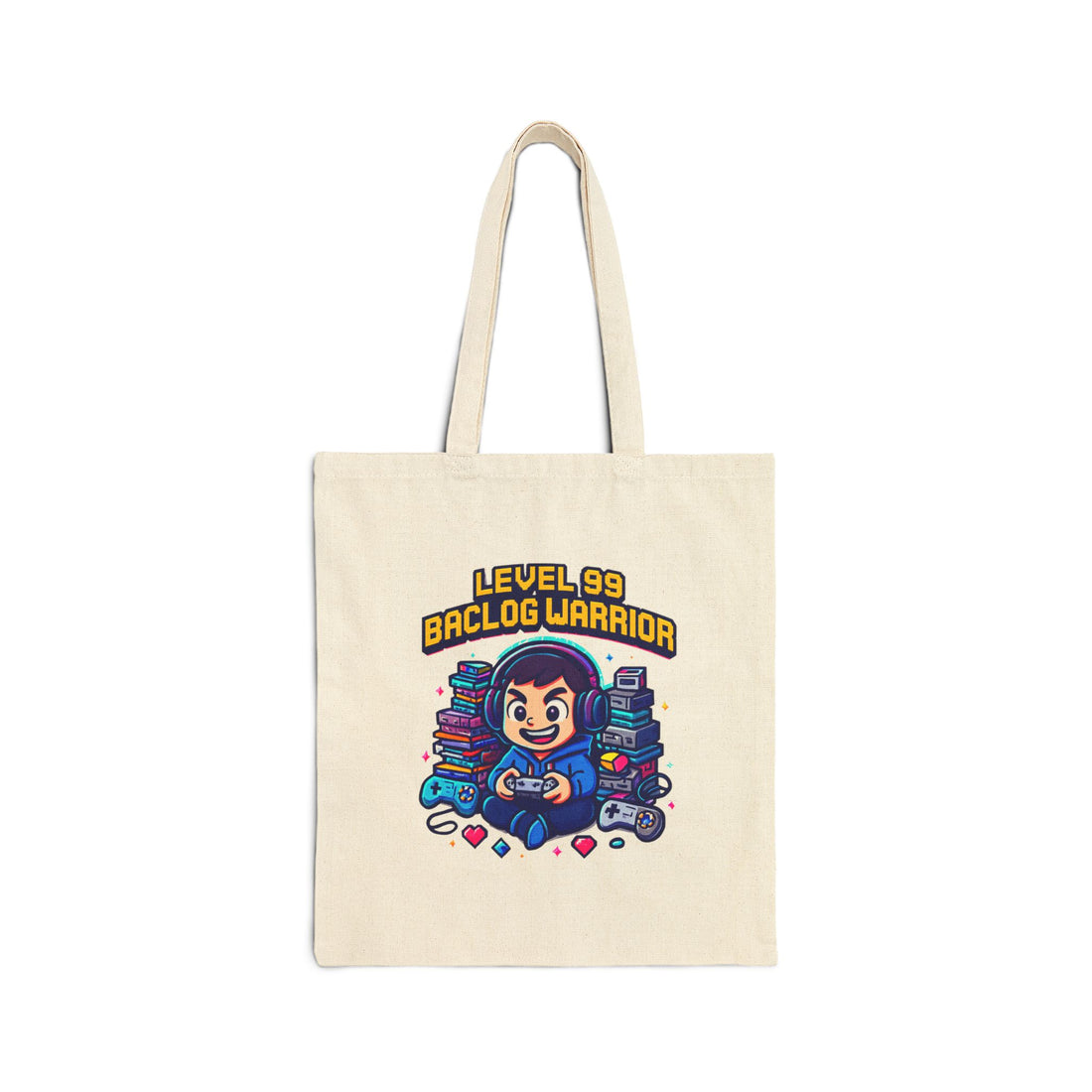 Tote Bag — “Level 99 Baclog Warrior” Gamer Canvas Tote (Cute Retro Arcade Design)