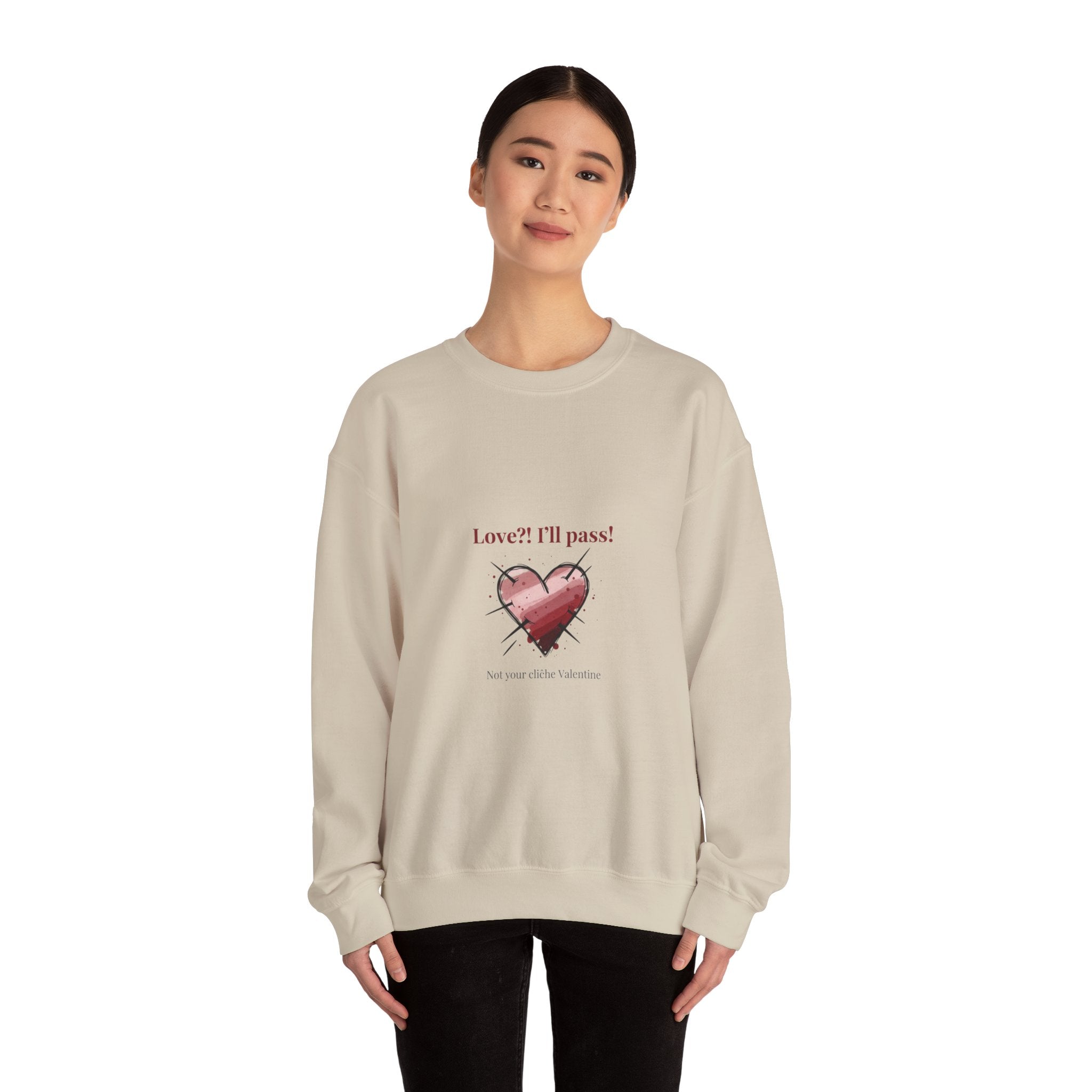 Love? I'll Pass Heart Sweatshirt | anti love graphic, edgy Valentine design