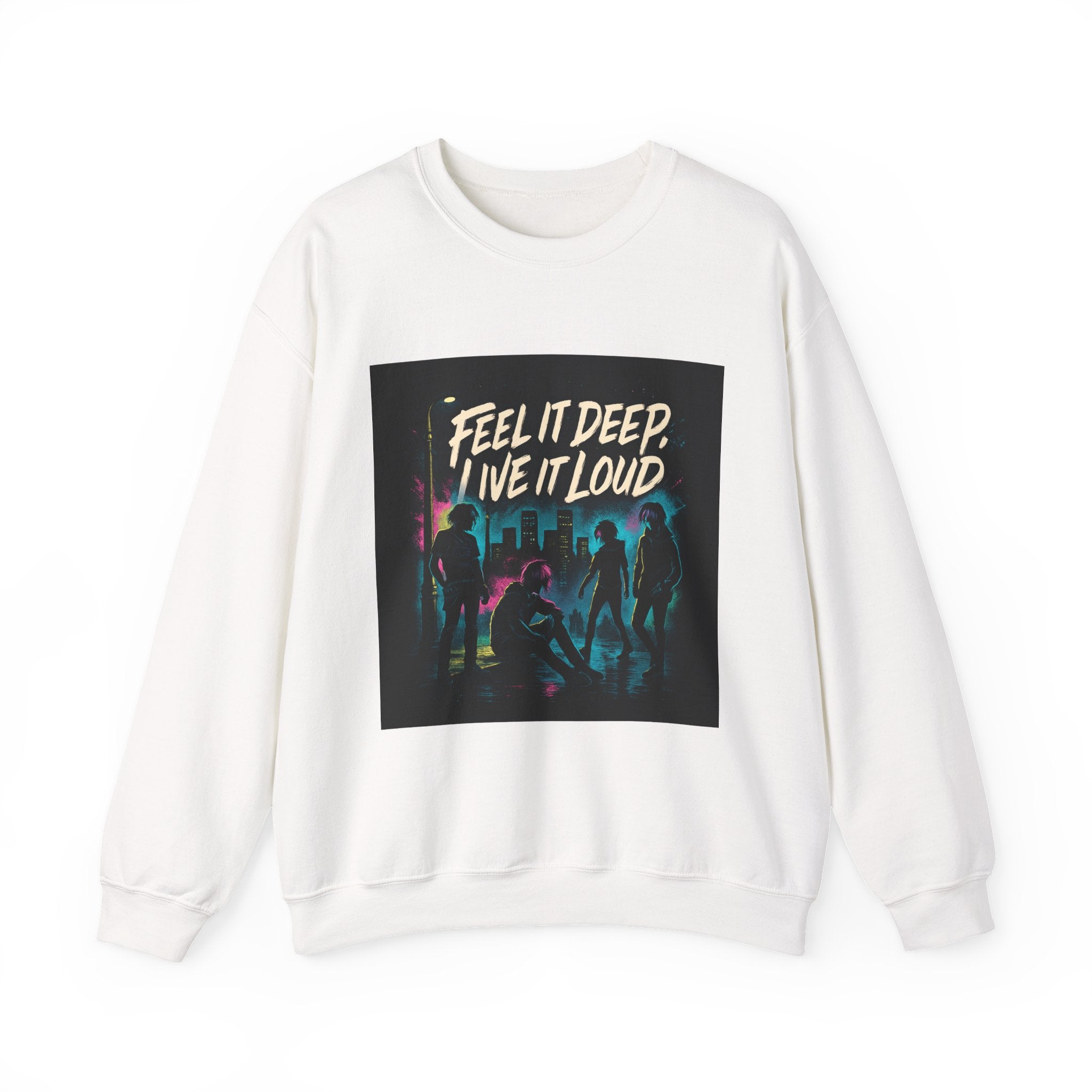 Crewneck Sweatshirt — "Feel It Deep, Live It Loud" Neon Concert Graphic