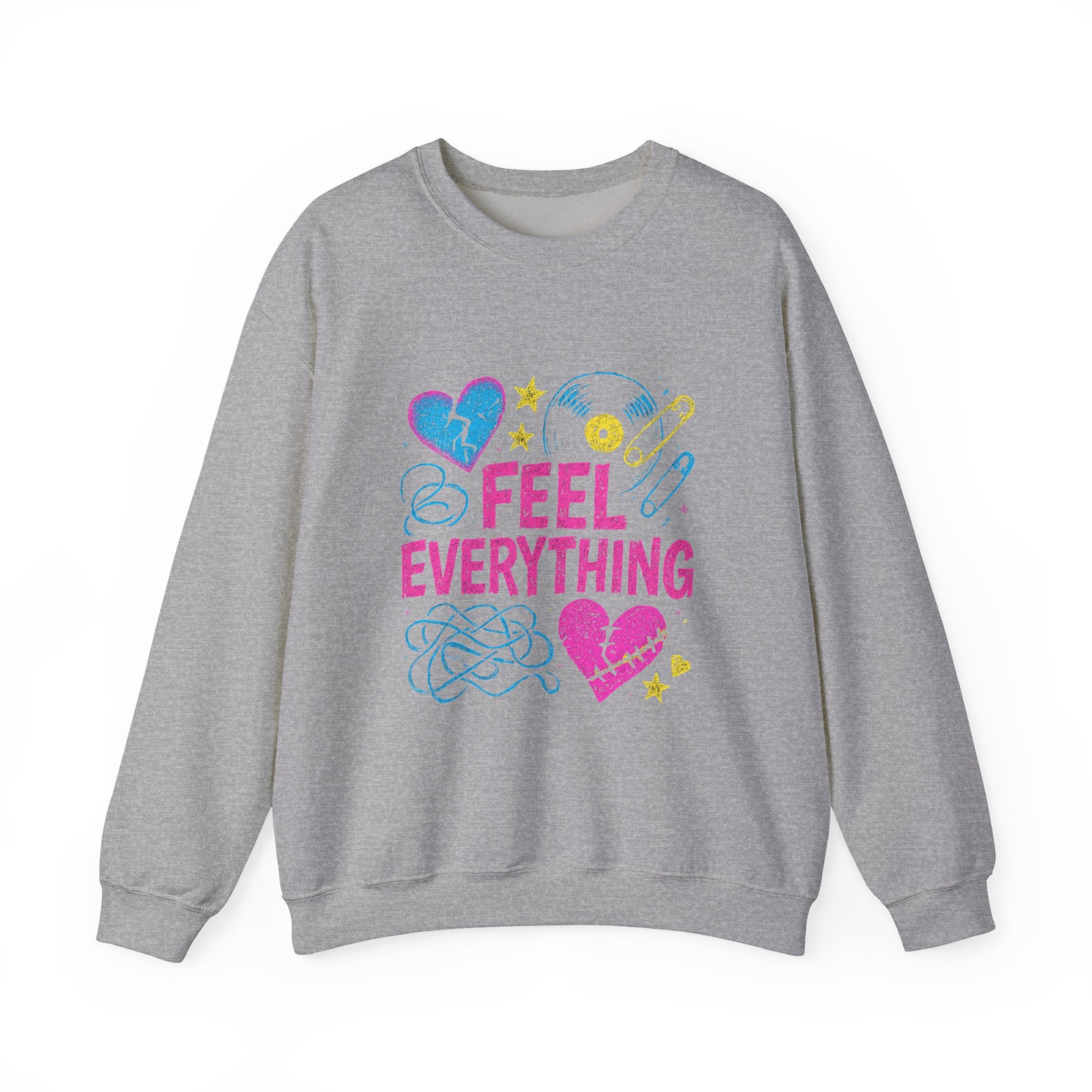Crewneck Sweatshirt — "Feel Everything" Colorful Heart & Vinyl Graphic