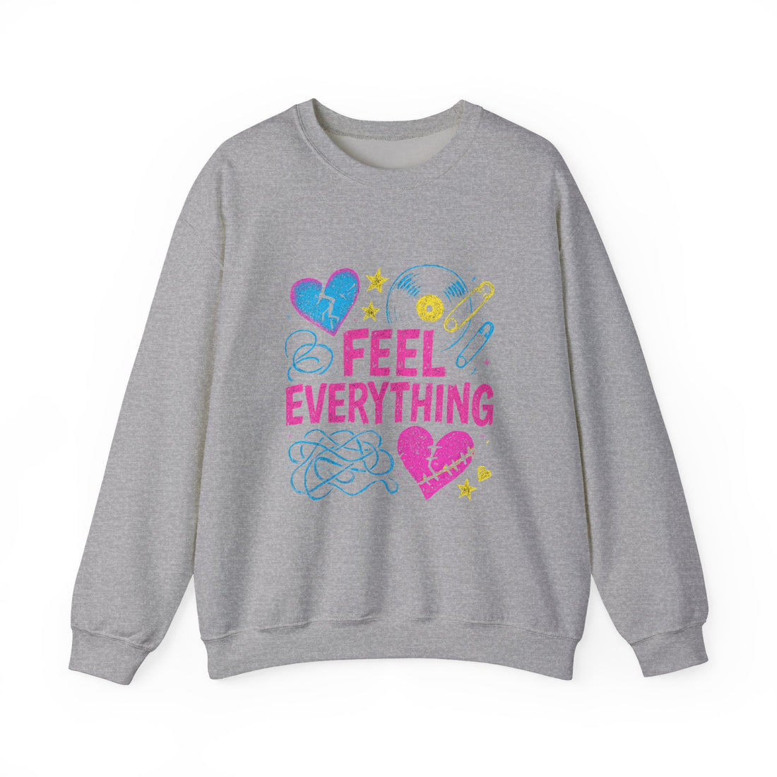 Crewneck Sweatshirt — "Feel Everything" Colorful Heart & Vinyl Graphic