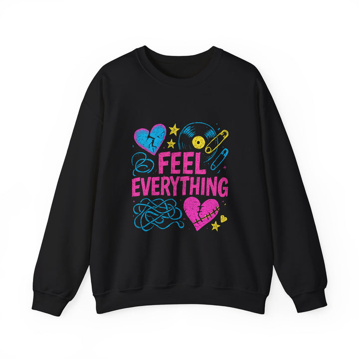 Crewneck Sweatshirt — "Feel Everything" Colorful Heart & Vinyl Graphic