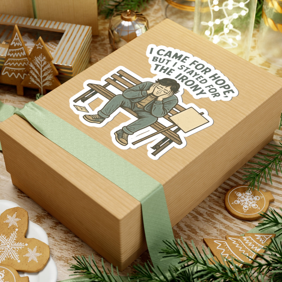 Kiss-Cut Sticker — "I Came for Hope But I Stayed for the Irony" Sad Bench Illustration