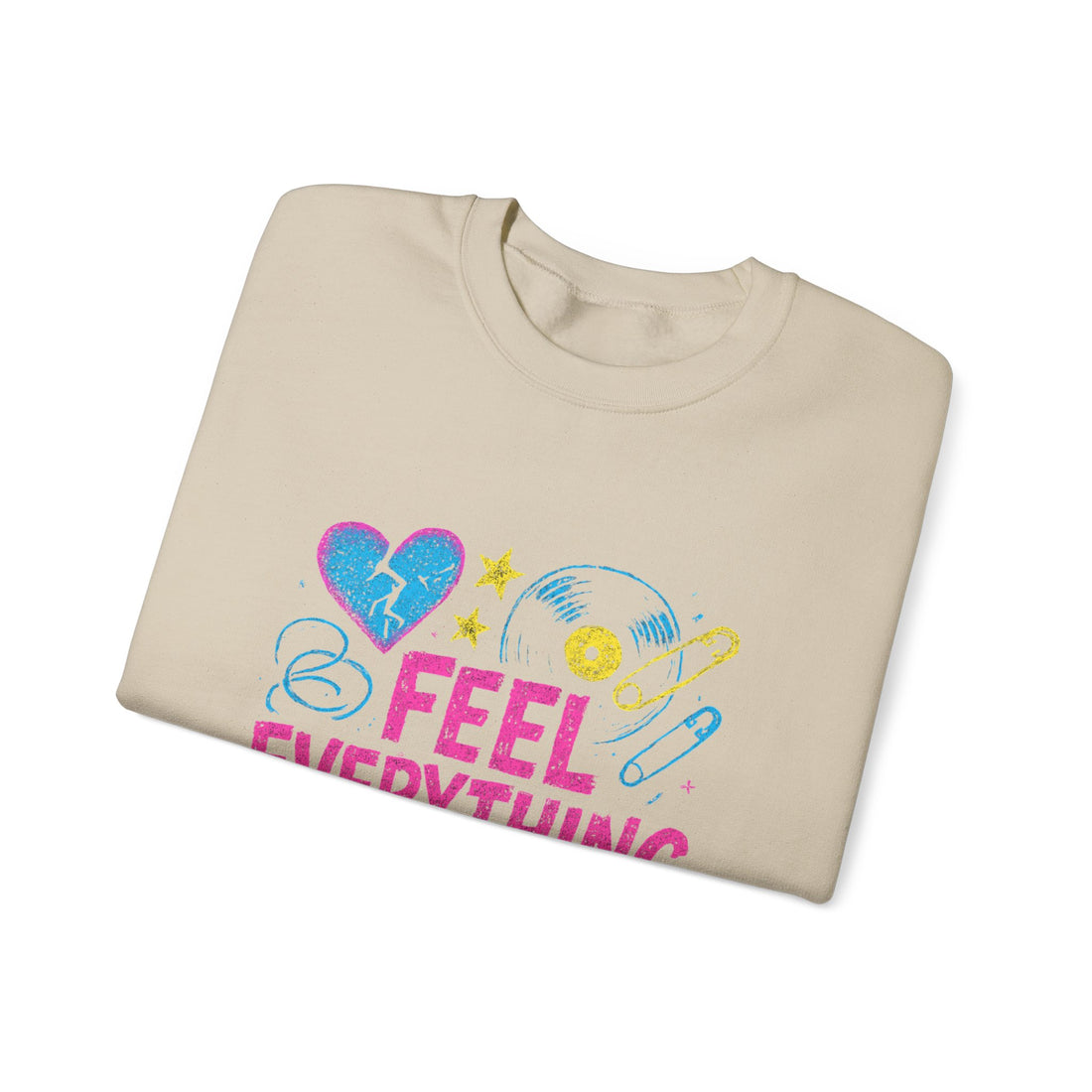 Crewneck Sweatshirt — "Feel Everything" Colorful Heart & Vinyl Graphic