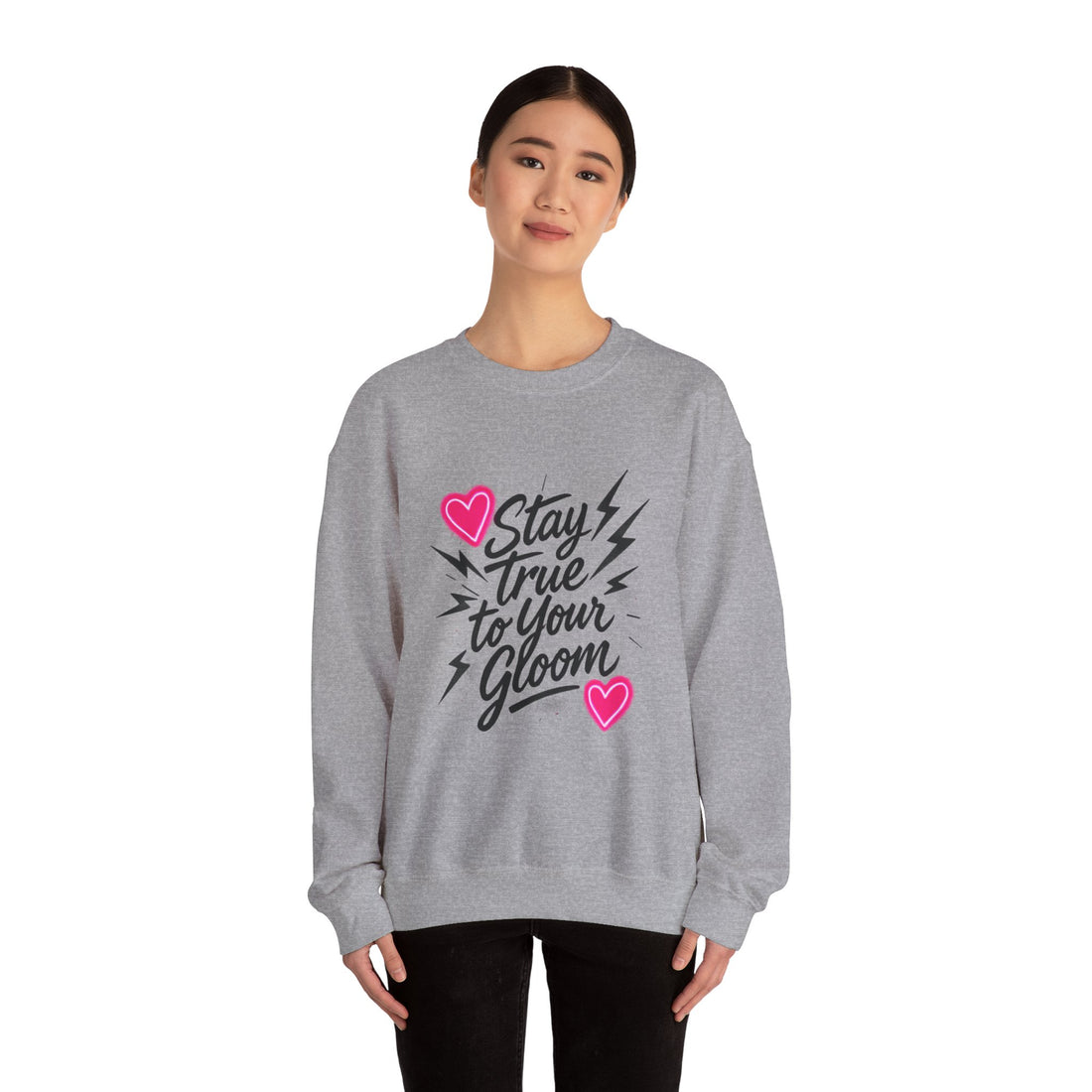 Crewneck Sweatshirt — "Stay True to Your Gloom" Pink Heart Graphic