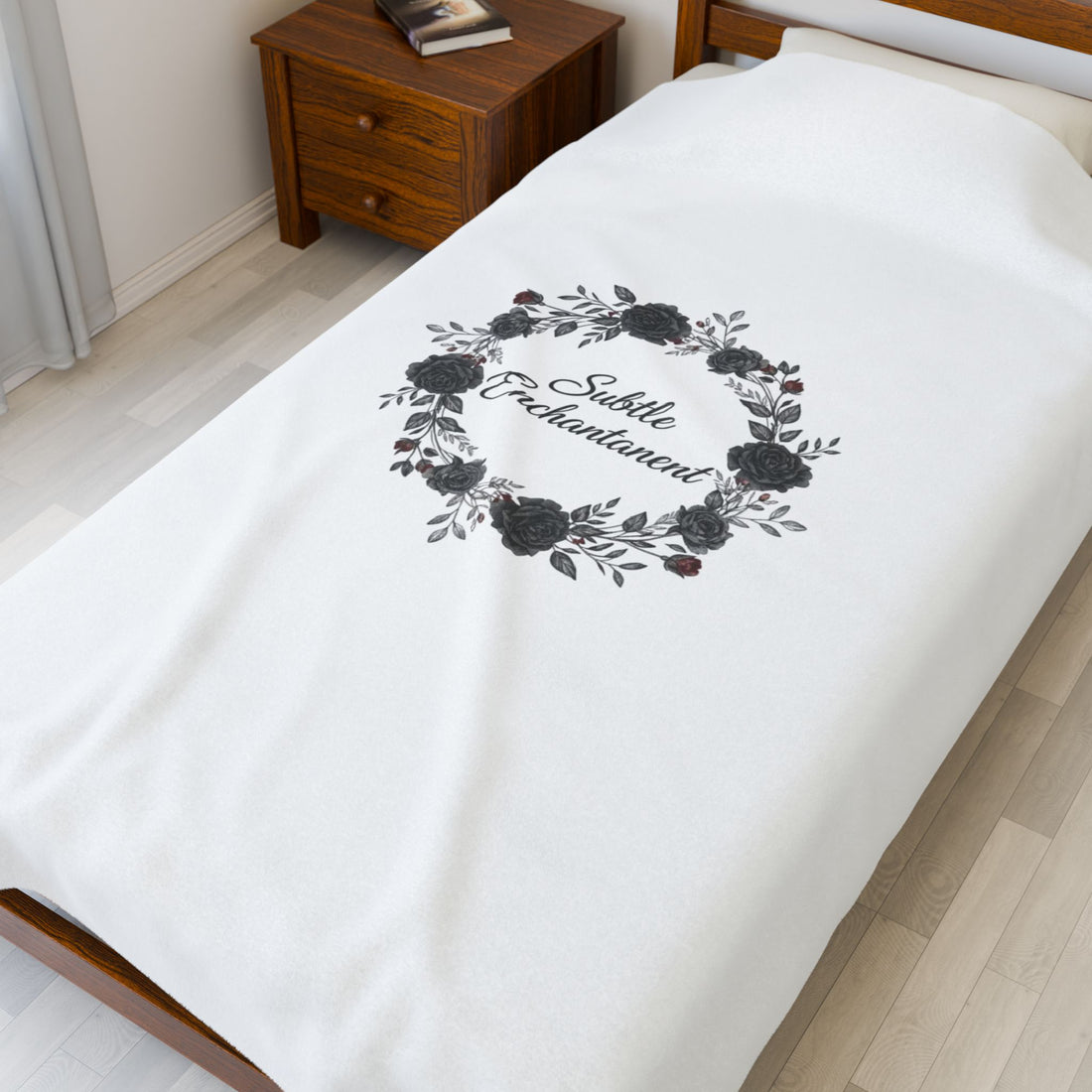 Moon Rose Wreath Velveteen Plush Blanket | Romantic Gothic Lite, soft goth aesthetic