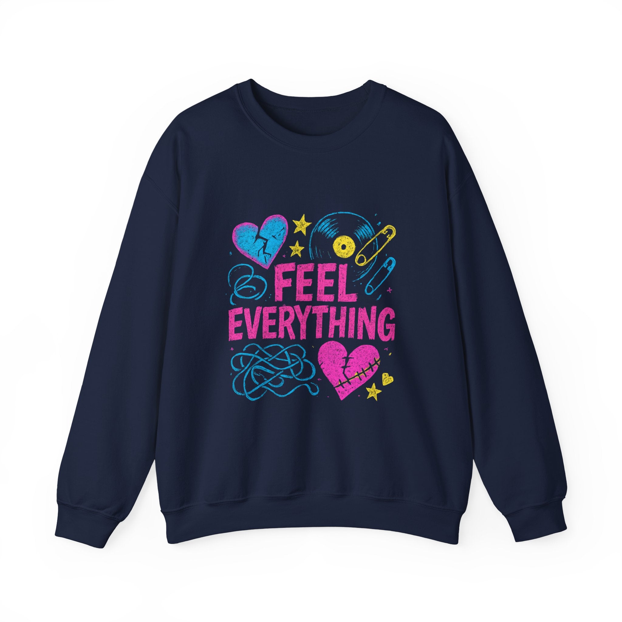 Crewneck Sweatshirt — "Feel Everything" Colorful Heart & Vinyl Graphic