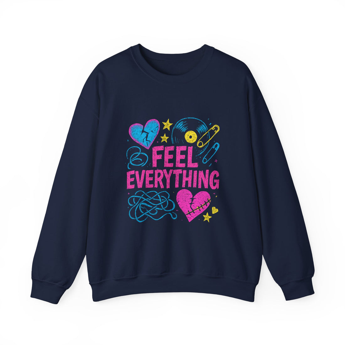 Crewneck Sweatshirt — "Feel Everything" Colorful Heart & Vinyl Graphic