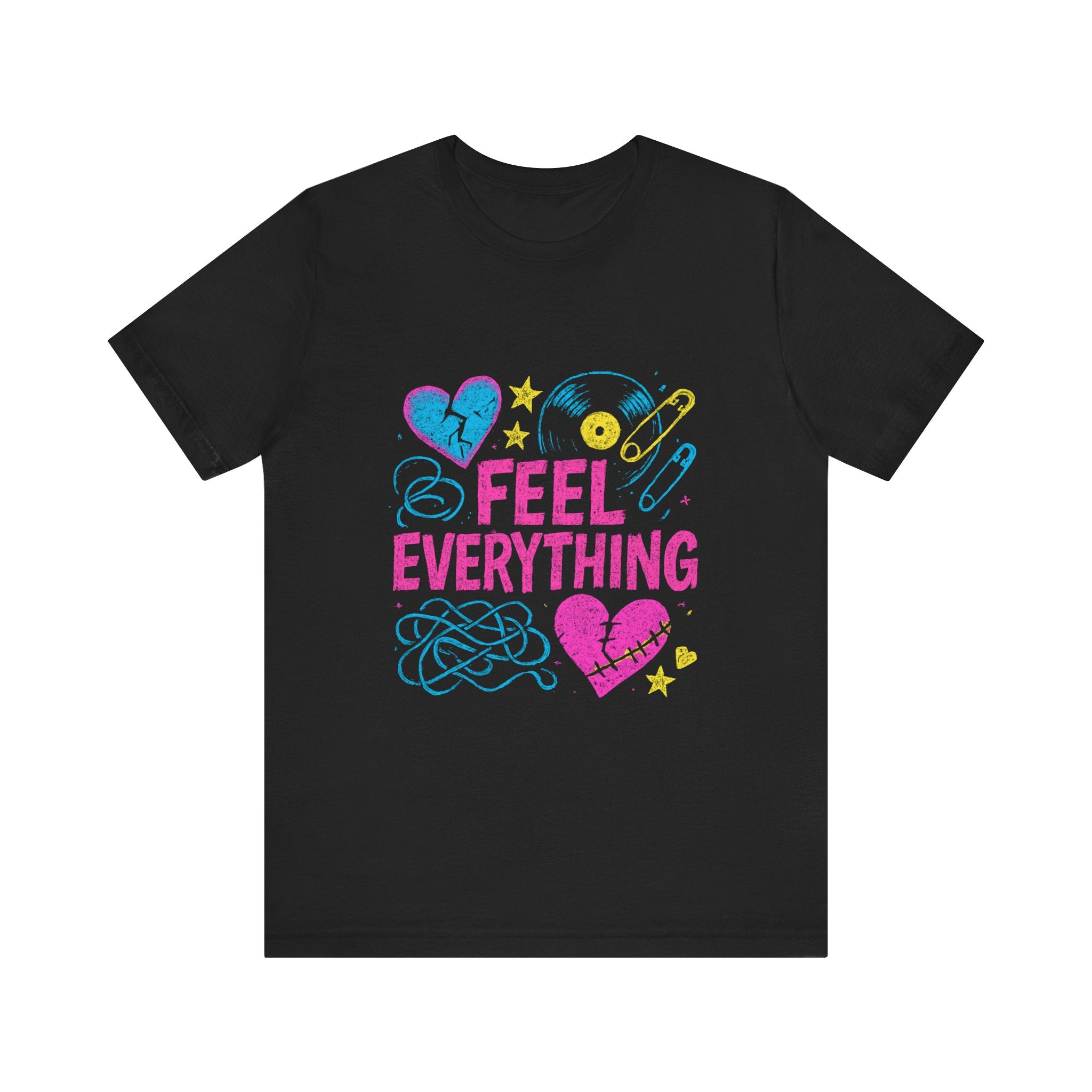Feel Everything Graphic Tee — Retro Pastel Hearts & Emo Vibes
