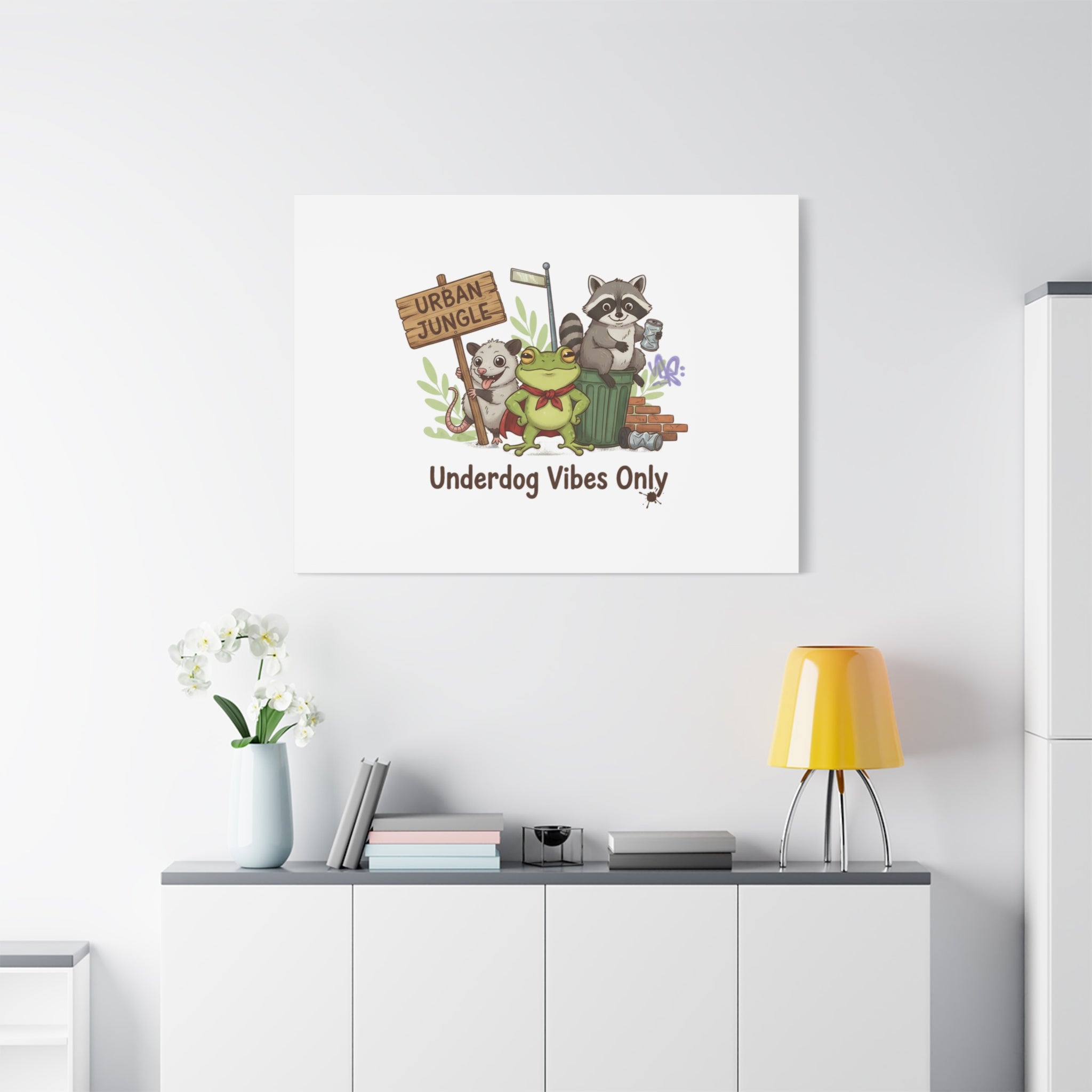 Underdog Vibes Only Canvas | Trash Panda Raccoon Frog Possum Art, goofy critter meme