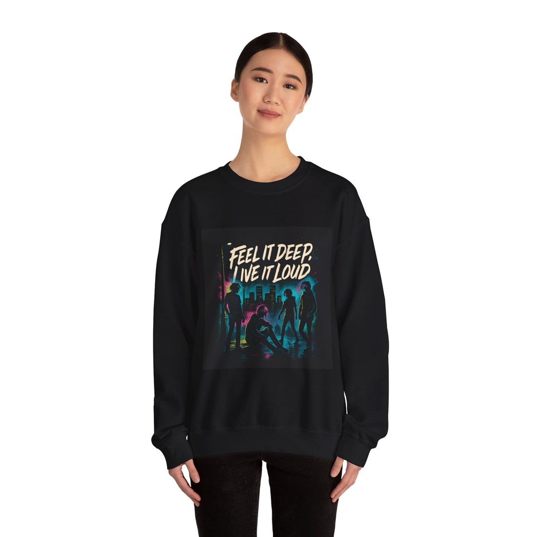 Crewneck Sweatshirt — "Feel It Deep, Live It Loud" Neon Concert Graphic