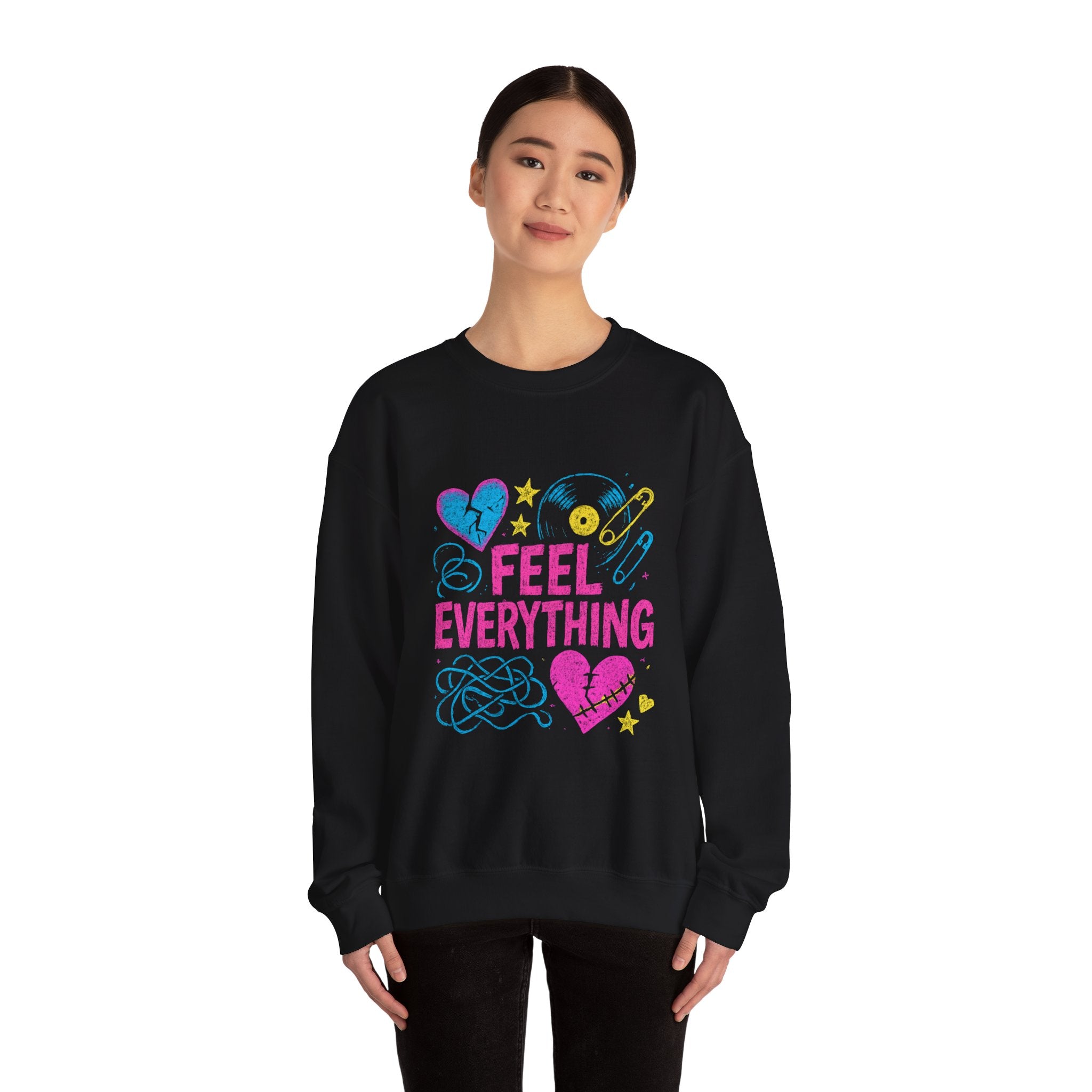 Crewneck Sweatshirt — "Feel Everything" Colorful Heart & Vinyl Graphic