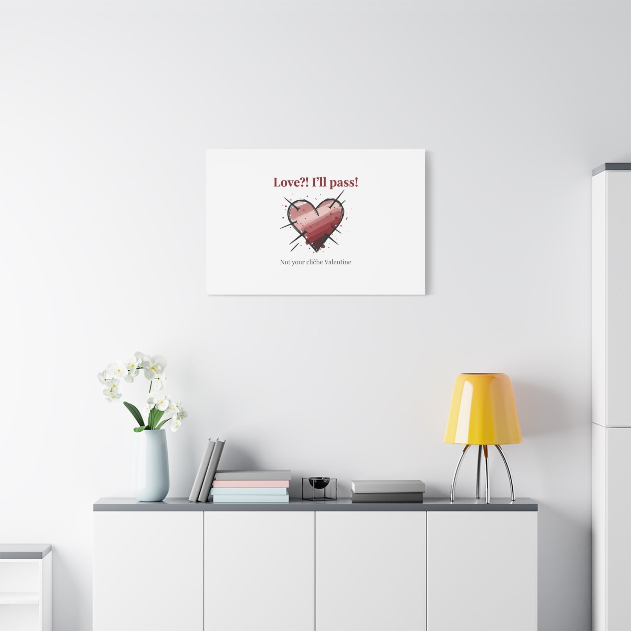 Love?! I'll Pass Canvas, Hearts‑with‑a‑Twist anti‑Valentine wall art