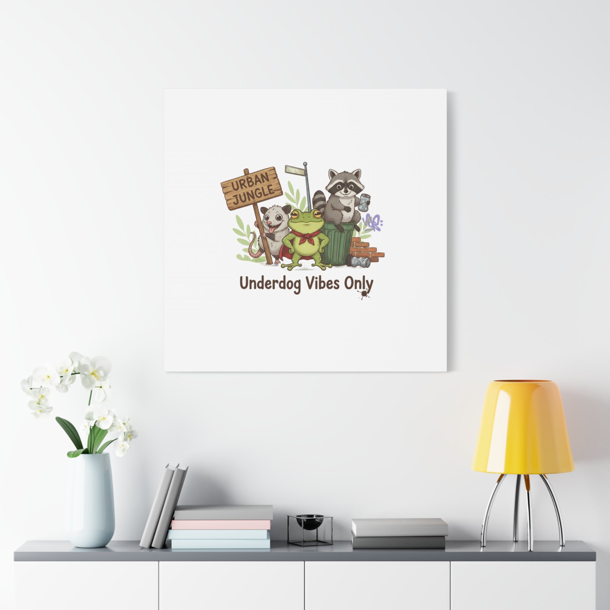 Underdog Vibes Only Canvas | Trash Panda Raccoon Frog Possum Art, goofy critter meme