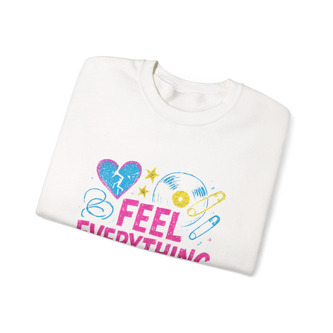Crewneck Sweatshirt — "Feel Everything" Colorful Heart & Vinyl Graphic