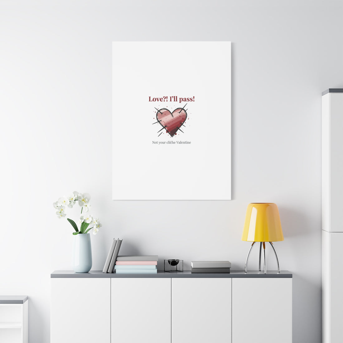 Love?! I'll Pass Canvas, Hearts‑with‑a‑Twist anti‑Valentine wall art