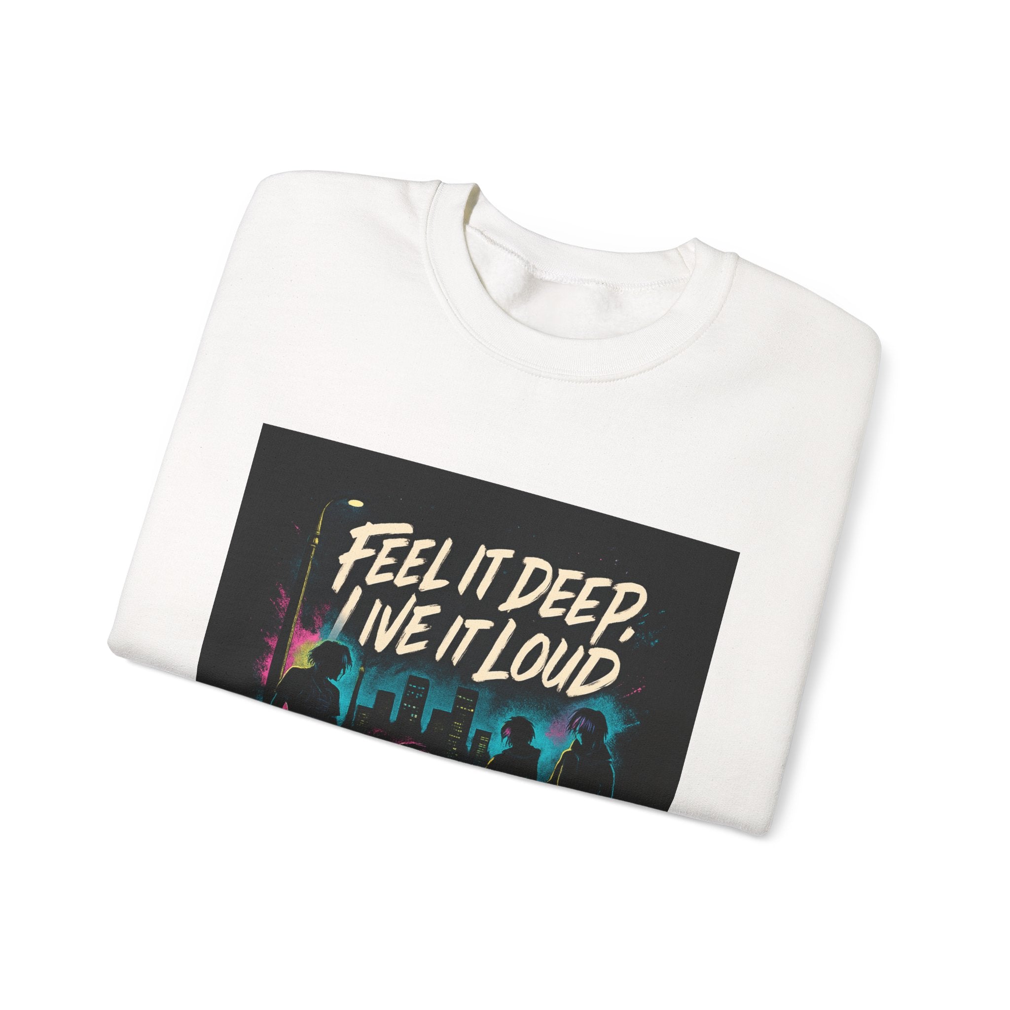 Crewneck Sweatshirt — "Feel It Deep, Live It Loud" Neon Concert Graphic