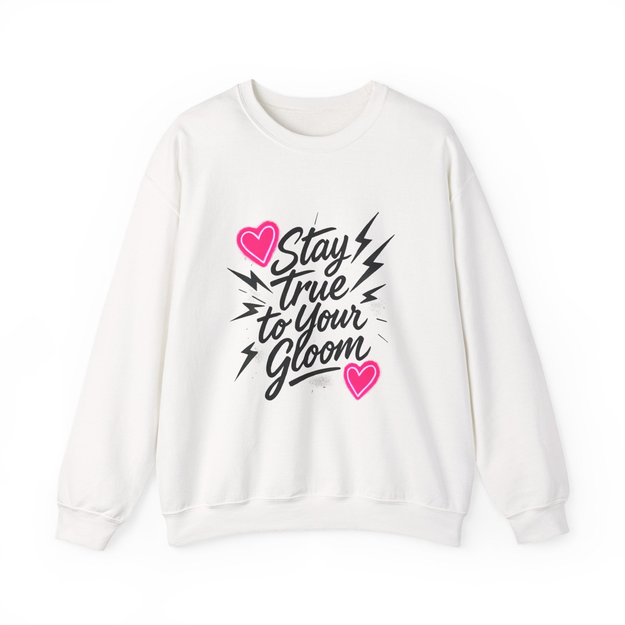 Crewneck Sweatshirt — "Stay True to Your Gloom" Pink Heart Graphic