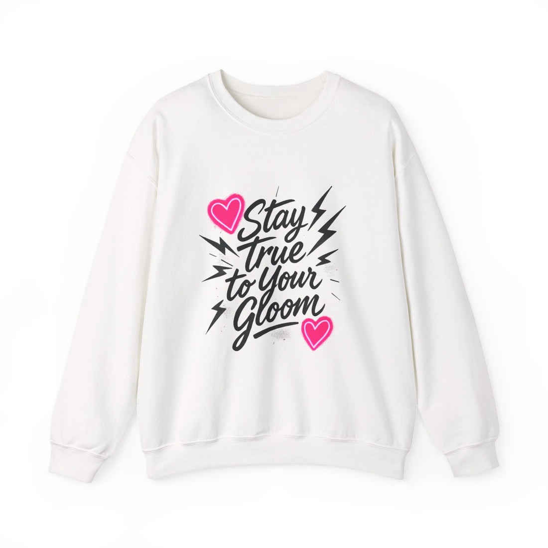 Crewneck Sweatshirt — "Stay True to Your Gloom" Pink Heart Graphic