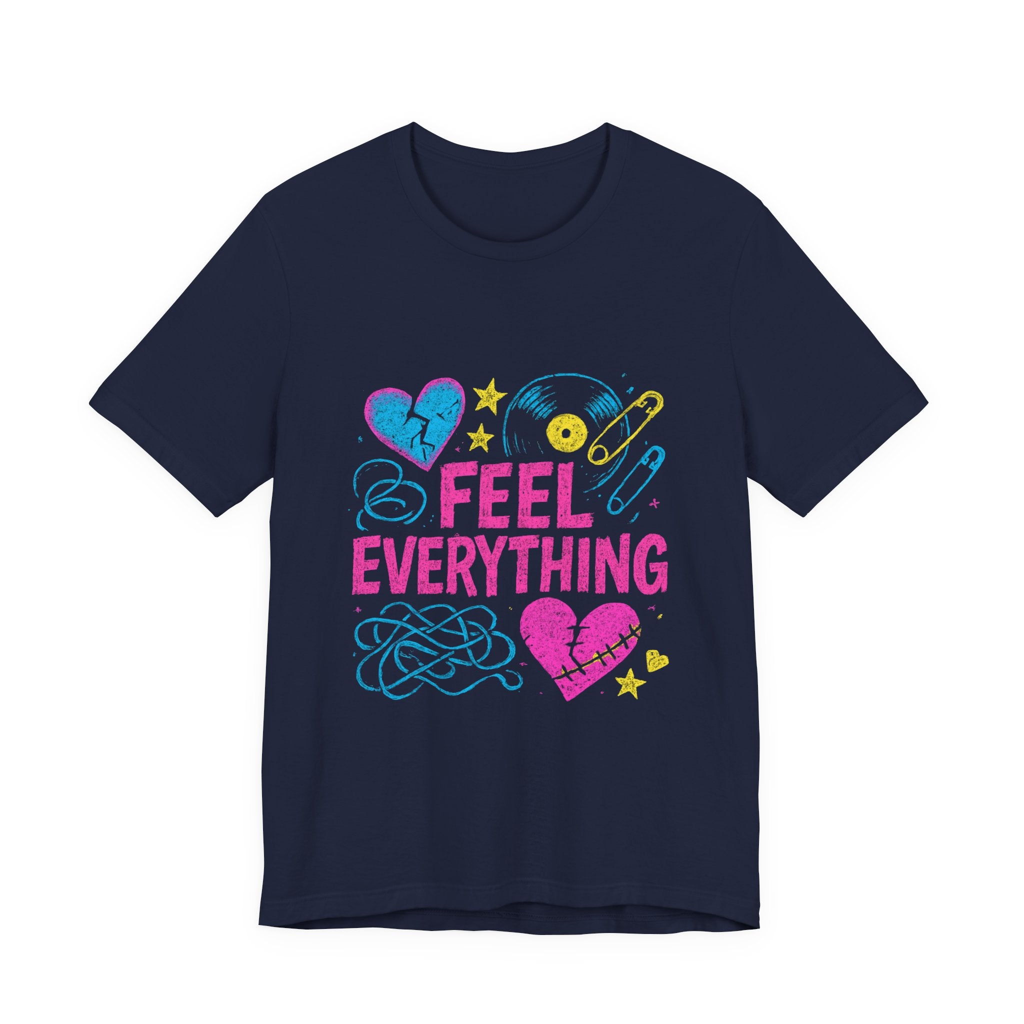 Feel Everything Graphic Tee — Retro Pastel Hearts & Emo Vibes