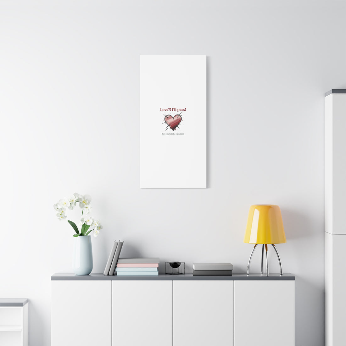 Love?! I'll Pass Canvas, Hearts‑with‑a‑Twist anti‑Valentine wall art